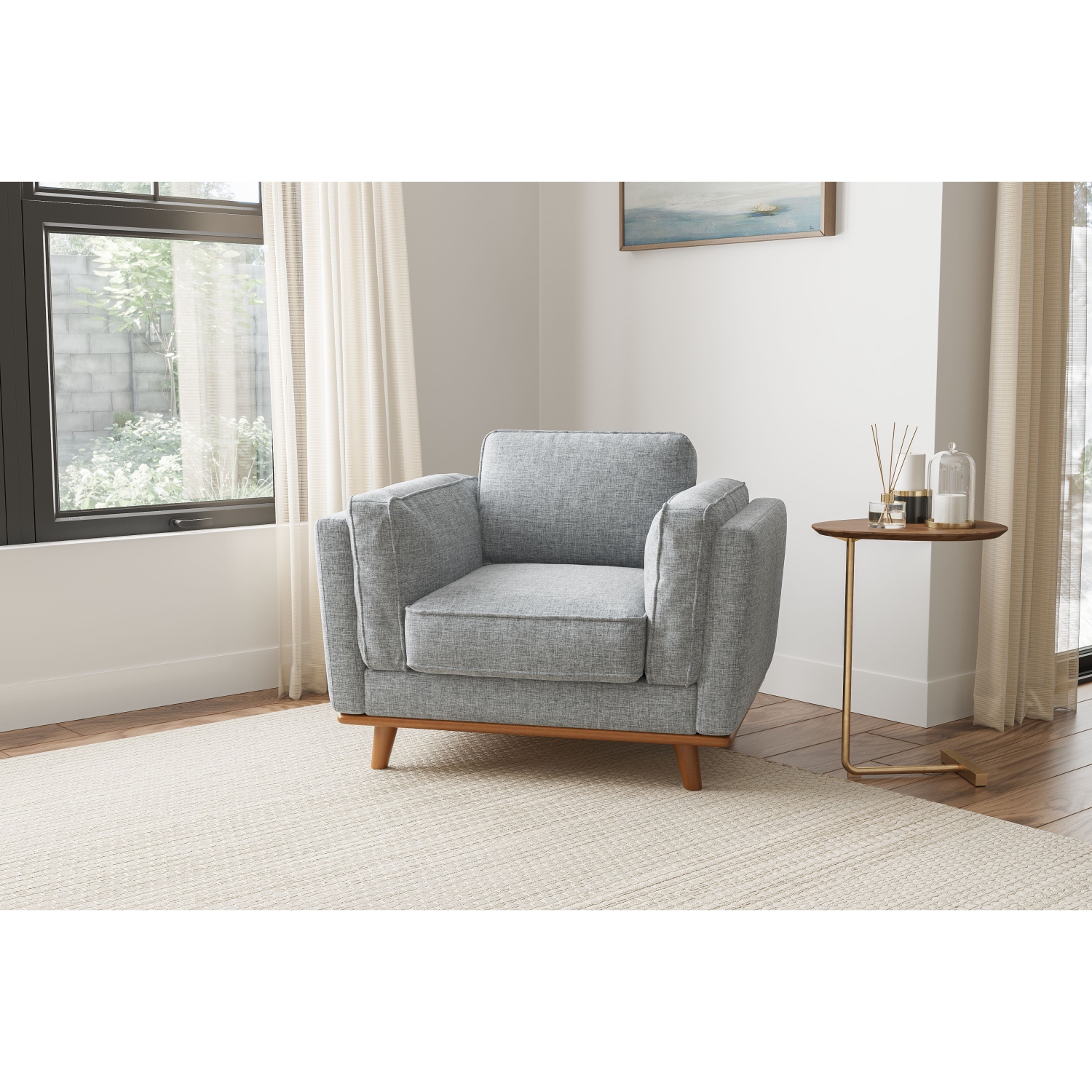 Valencia – sofa moderne en tissu à un siège avec base en bois Artisan, gris
