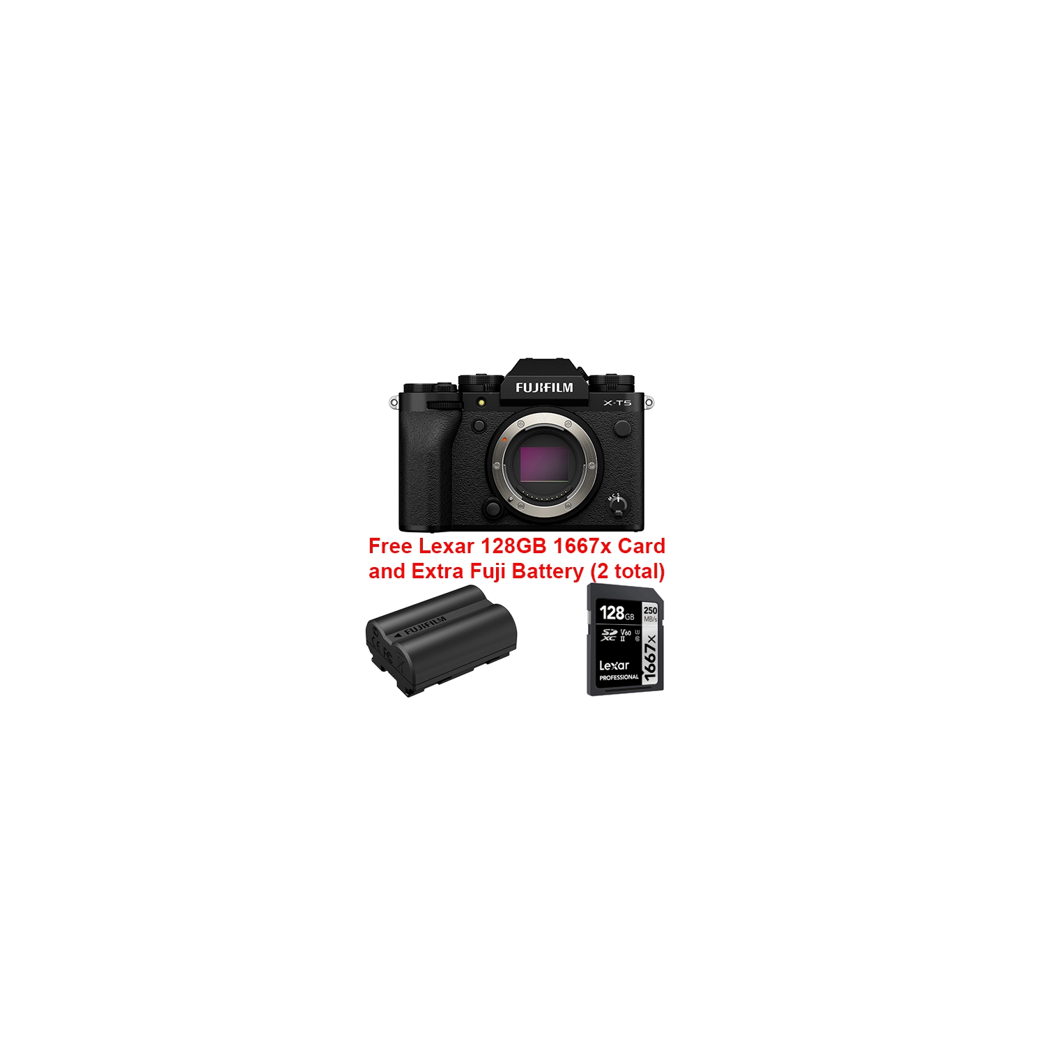 Fujifilm X-T5 Bundle Black Body with + Lexar 128GB 1667x SD Card + NPW235 Battery