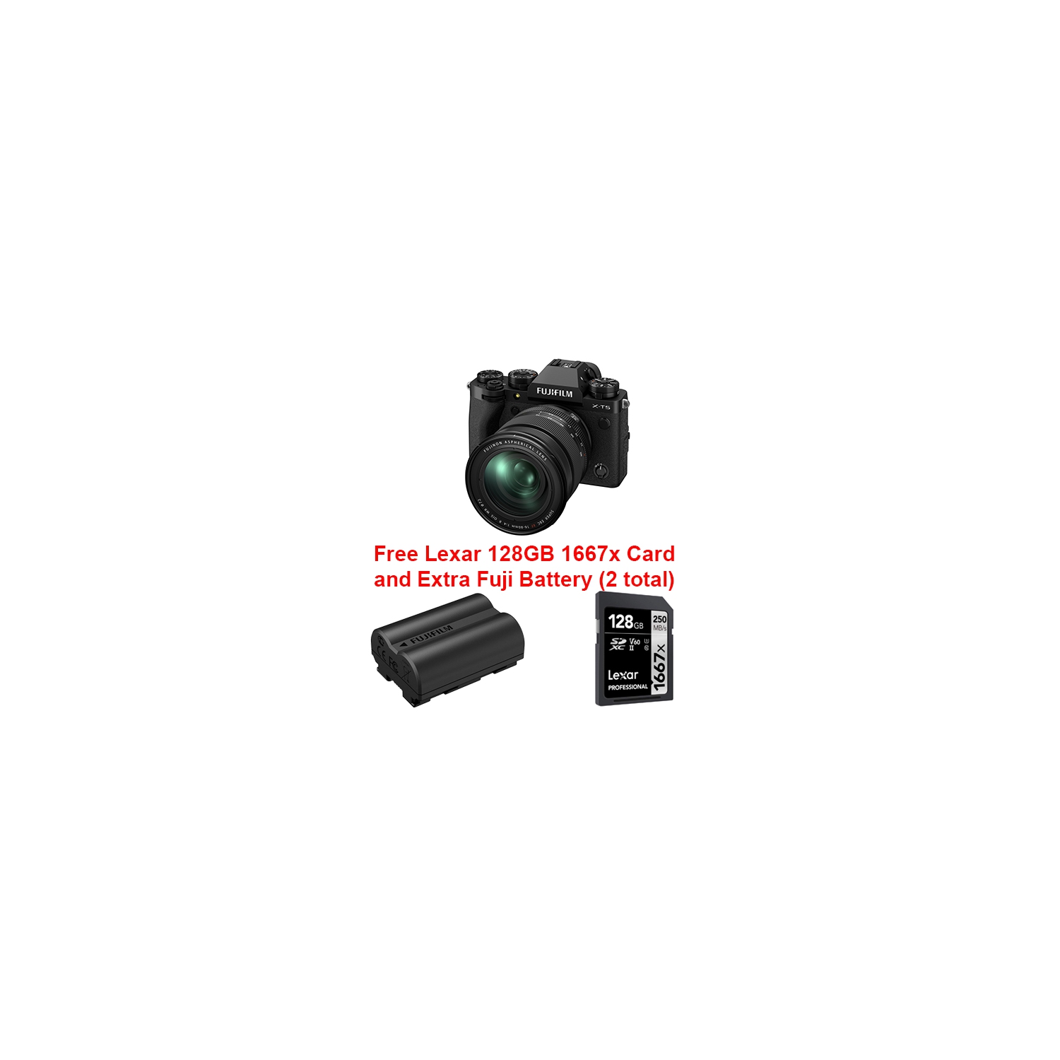 Fujifilm X-T5 Bundle with XF16-80 f4 R OIS WR lens kit Blk + Lexar 128GB 1667x Card + NPW235