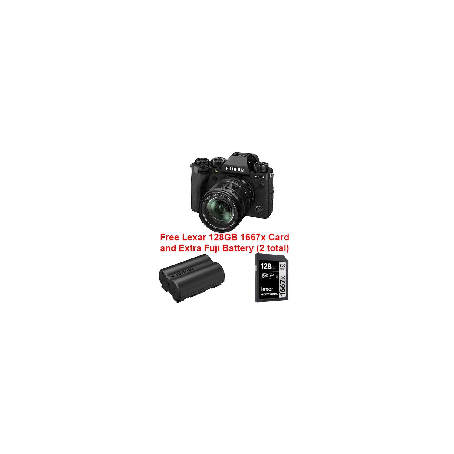 Fujifilm X-T5 Bundle with XF18-55 f2.8-4 OIS WR lens kit Blk + Lexar 128GB SD Card + NPW235 Battery