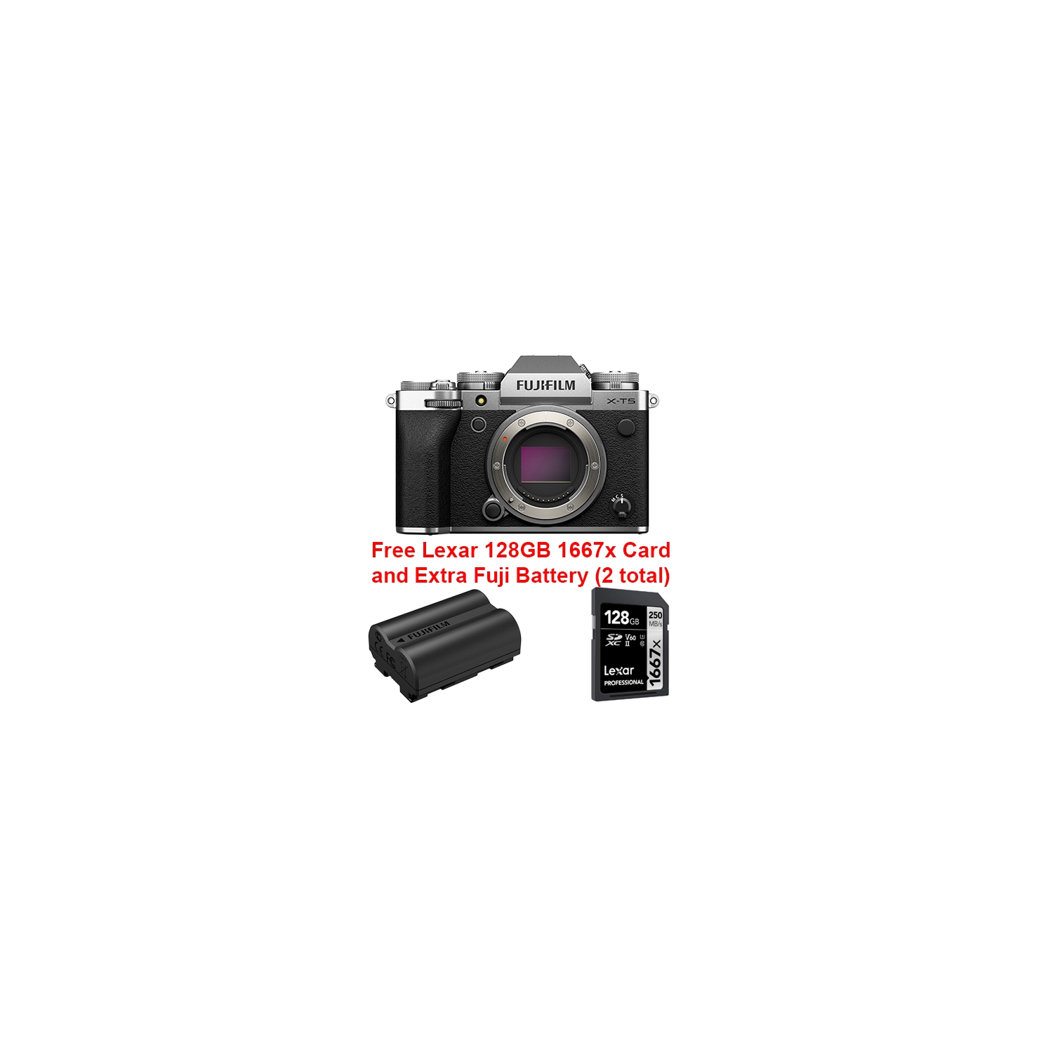 Fujifilm X-T5 Bundle Silver Body with + Lexar 128GB 1667x SD Card + NPW235 Battery