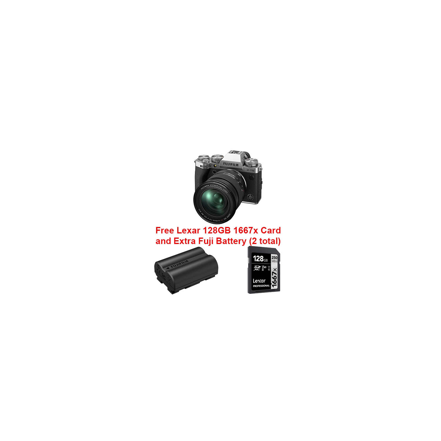 Ensemble X-T5 de Fujifilm avec objectif XF16-80 F4 R OIS WR argenté + carte mémoire 128&nbsp;Go 1667x de Lexar + NPW235
