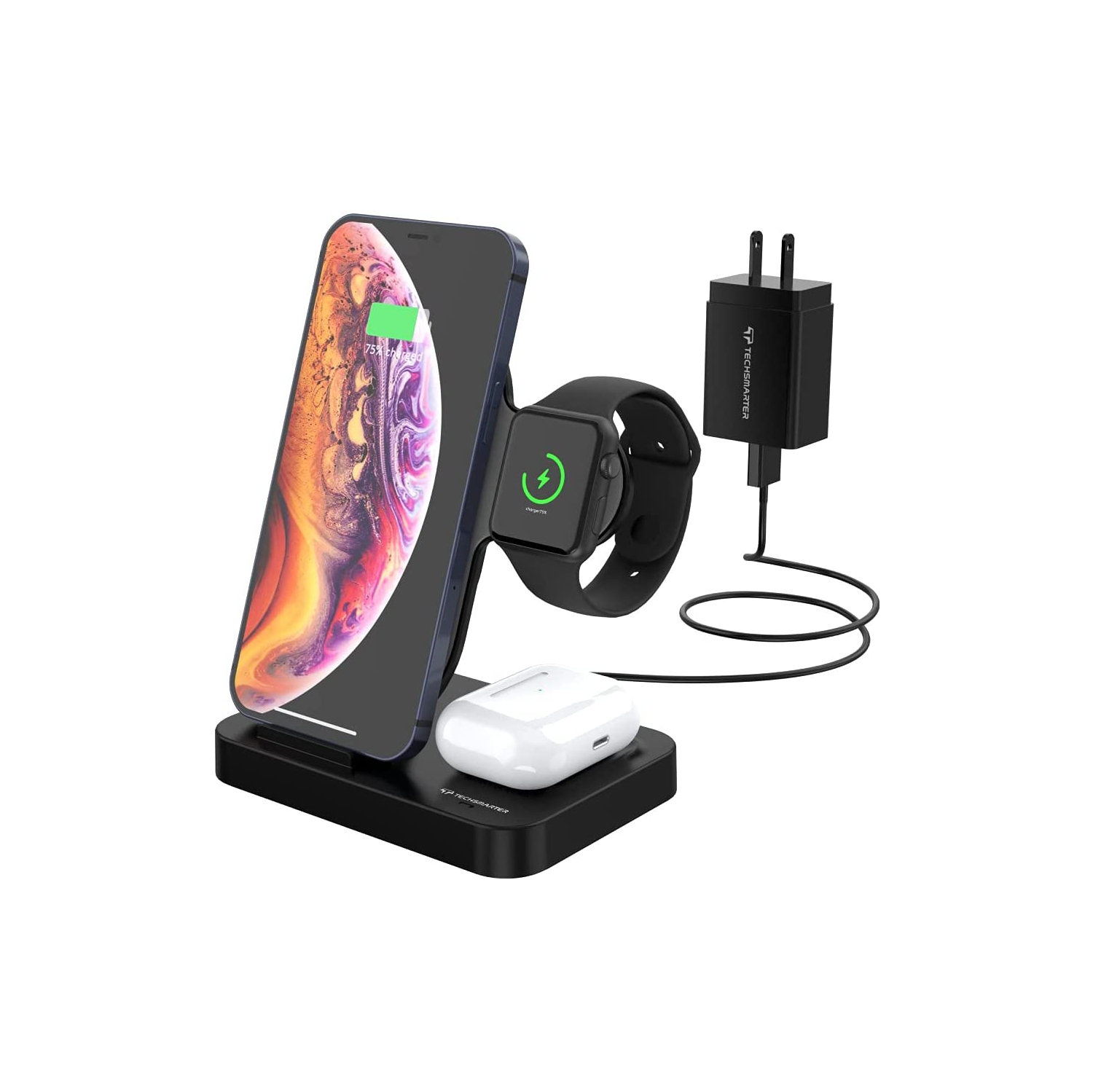 Techsmarter 3-in-1 Wireless Charging Station & Dock. Wireless Charger For iPhone 14, 13, 12, 11, XS, XR, X, 8, Watch 7, 6, 5, 4, 3, 2, 1, AirPods with Wireless Charging Case