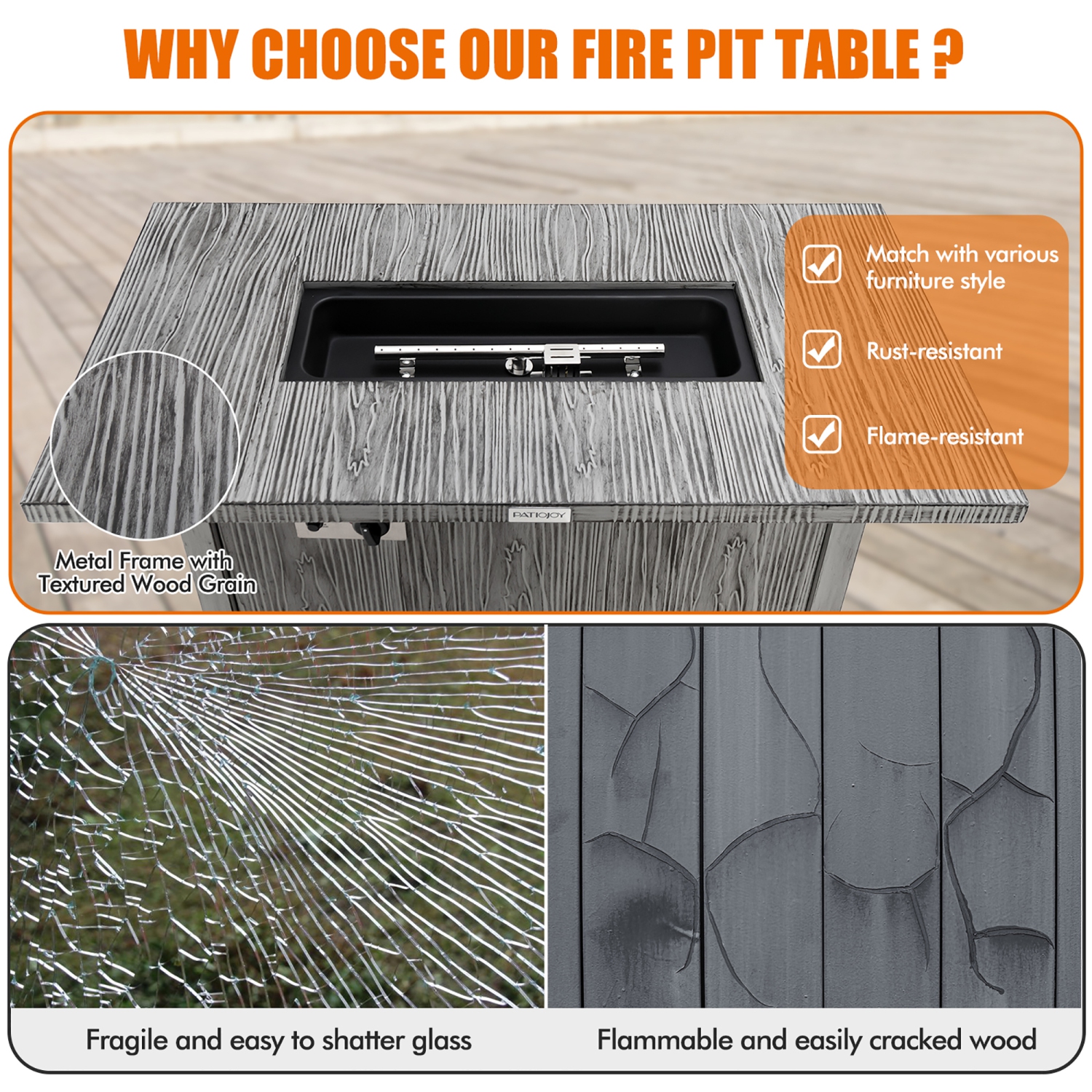 Costway 43-inch Propane Gas Fire Pit Table Wood-like Metal Fire Table withProtective Cover