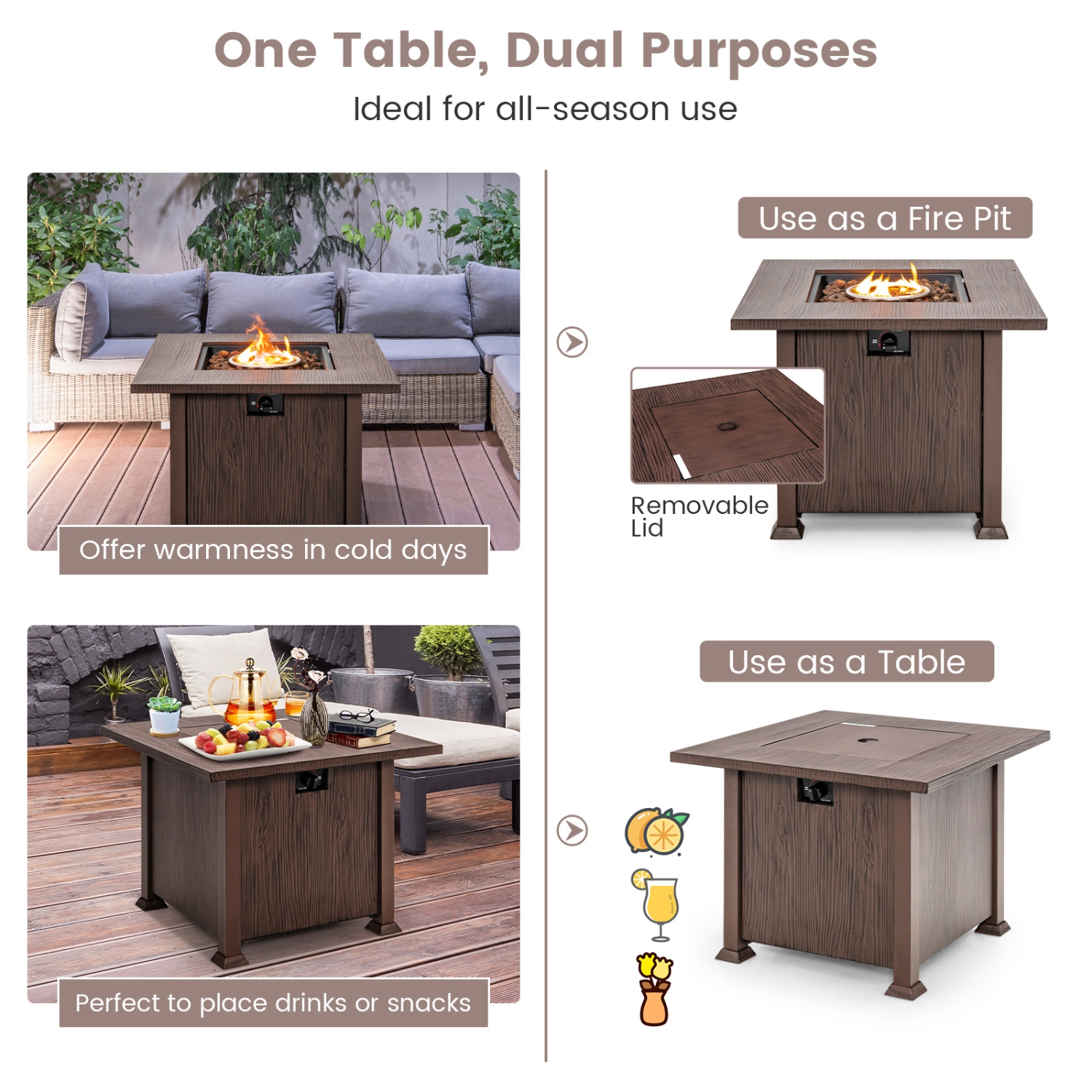 Costway 32" Patio Square Fire Pit Table 50,000 BTU Propane Gas Table with Lid & Lava Rocks