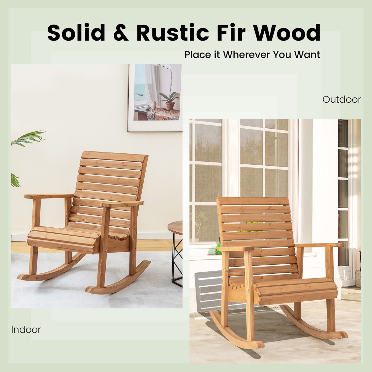 Costway Patio Wooden Rocking Chair High Back Fir Wood Armchair Natural Garden Yard
