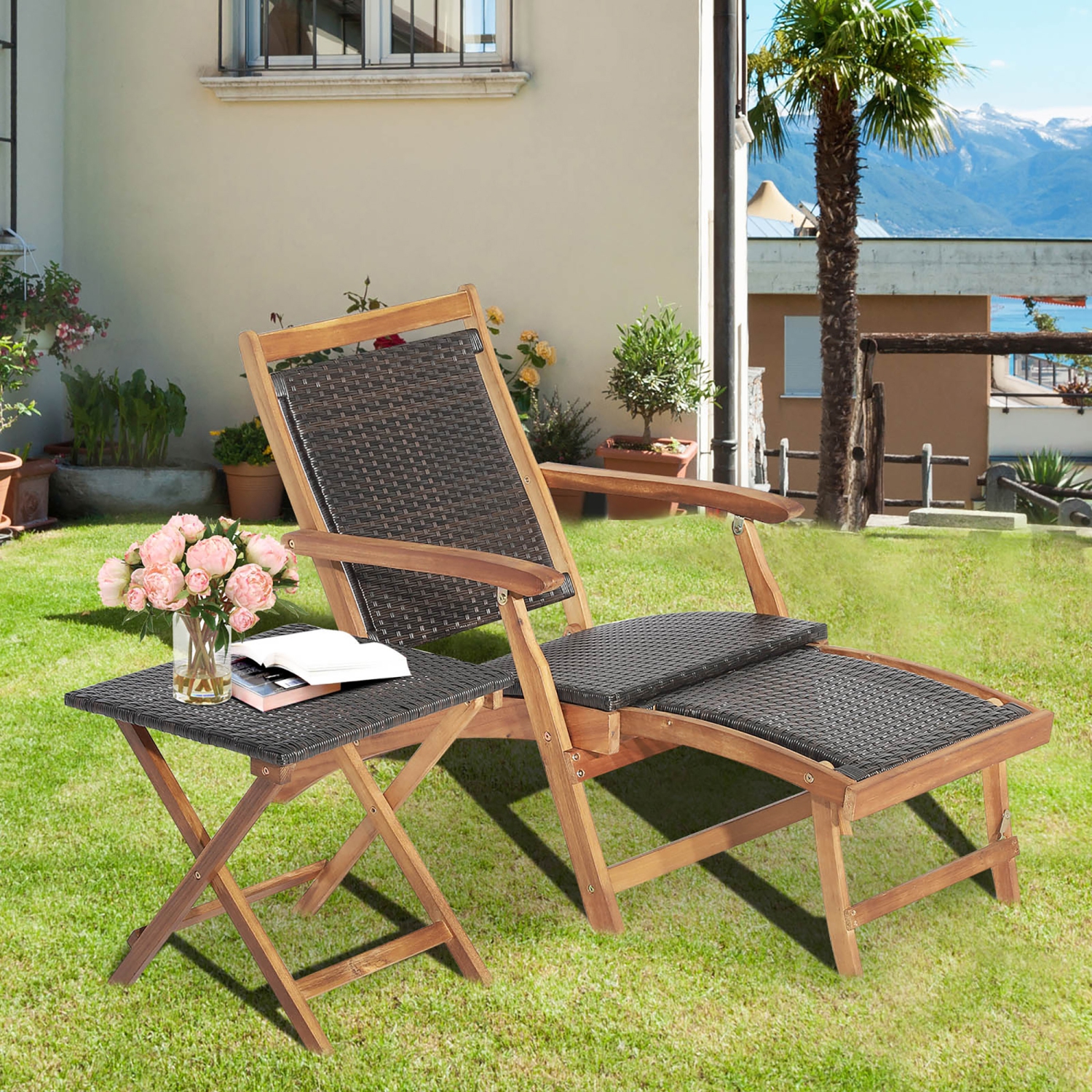Costway 4PCS Patio Rattan Folding Lounge Chair Table Acacia Wood withRetractable Footrest