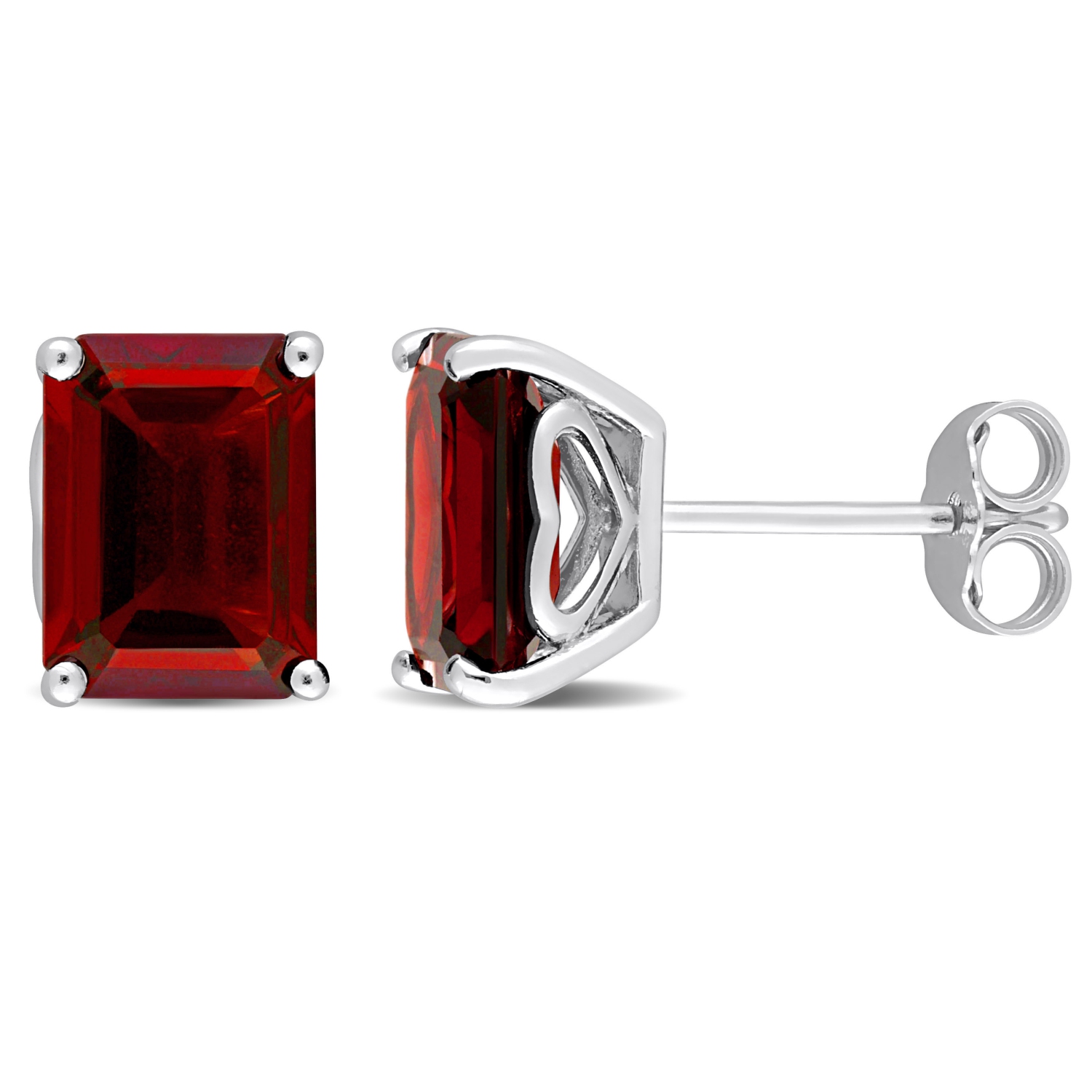 Amour Emerald Cut Garnet Stud Earrings in Sterling Silver