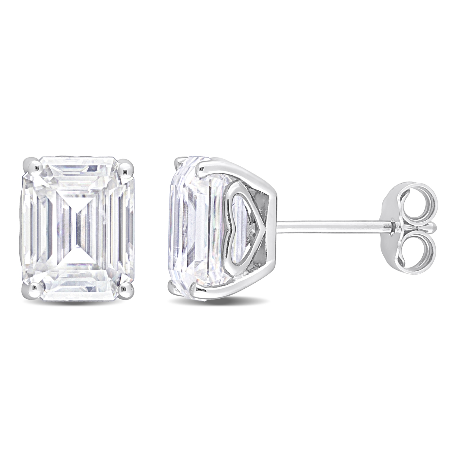 Amour Emerald Cut Created Moissanite Stud Earrings with Heart Detail in Sterling Silver