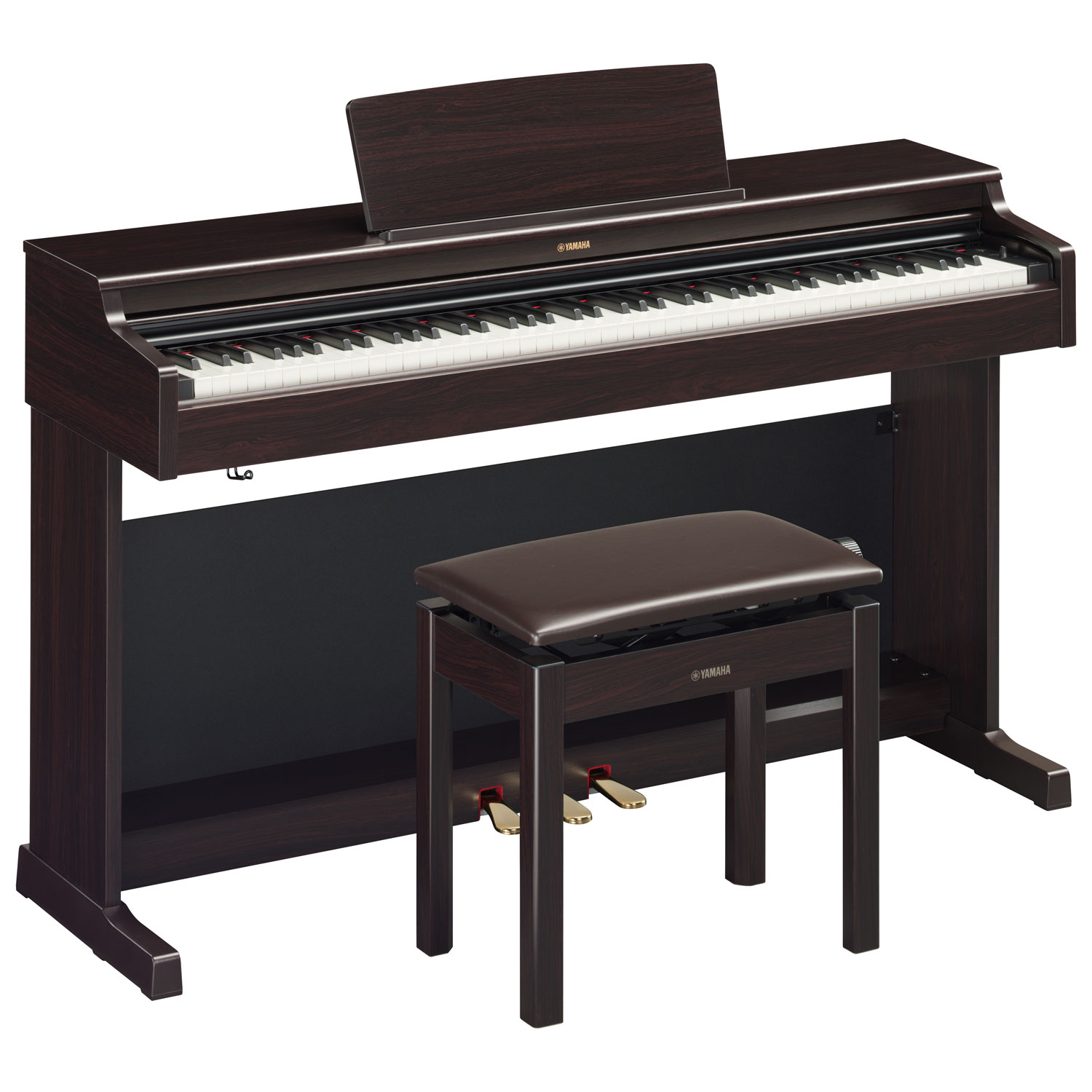 Piano numérique à 88 touches lestées à marteaux YDP165 ARIUS standard de Yamaha avec support, banc et 3 pédales - Palissandre