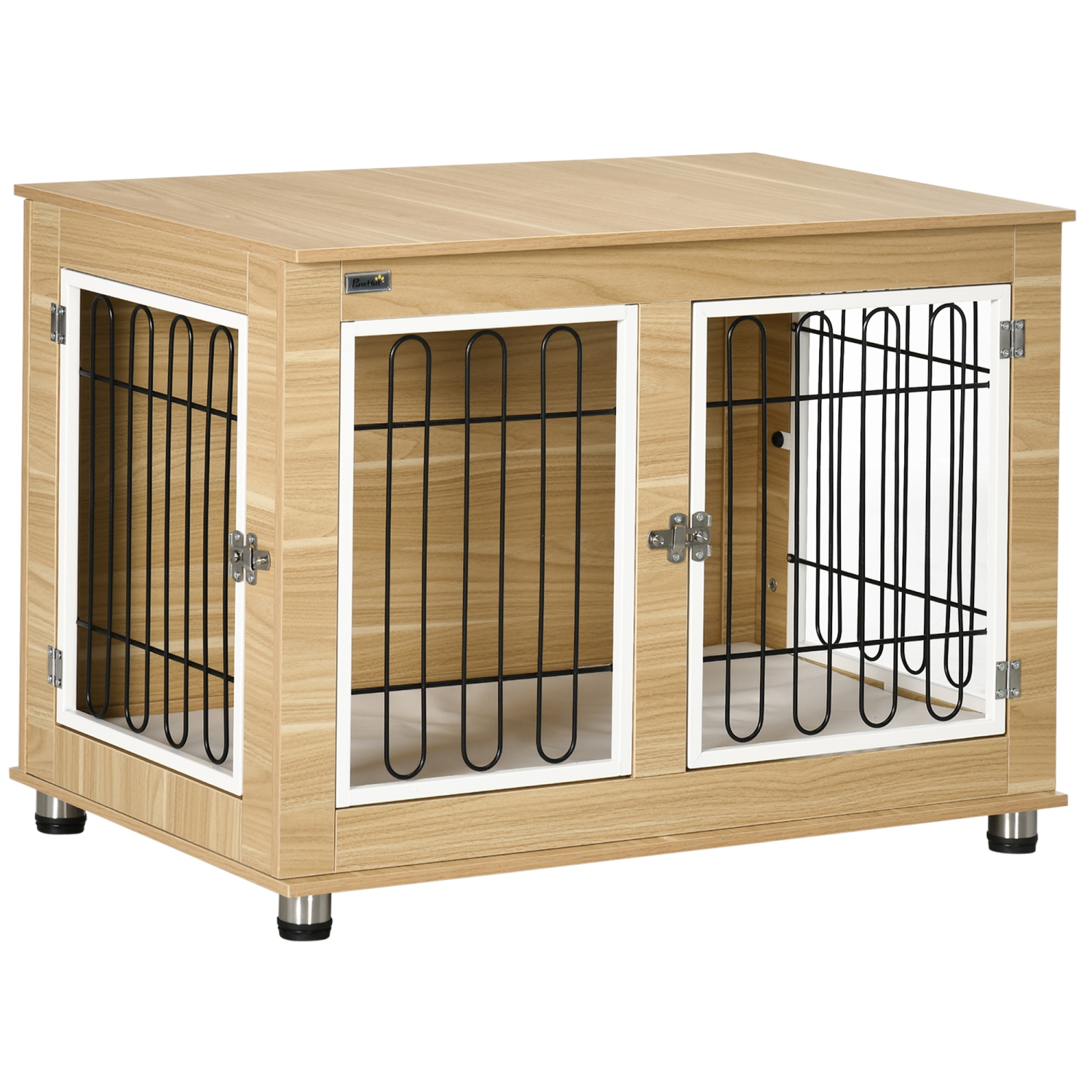 PawHut Pet Crate End Table with Soft Cushion, Double-Door Dog Crate Furniture for Medium Large Dogs, Wooden Wire Pet Kennel for Indoor Use