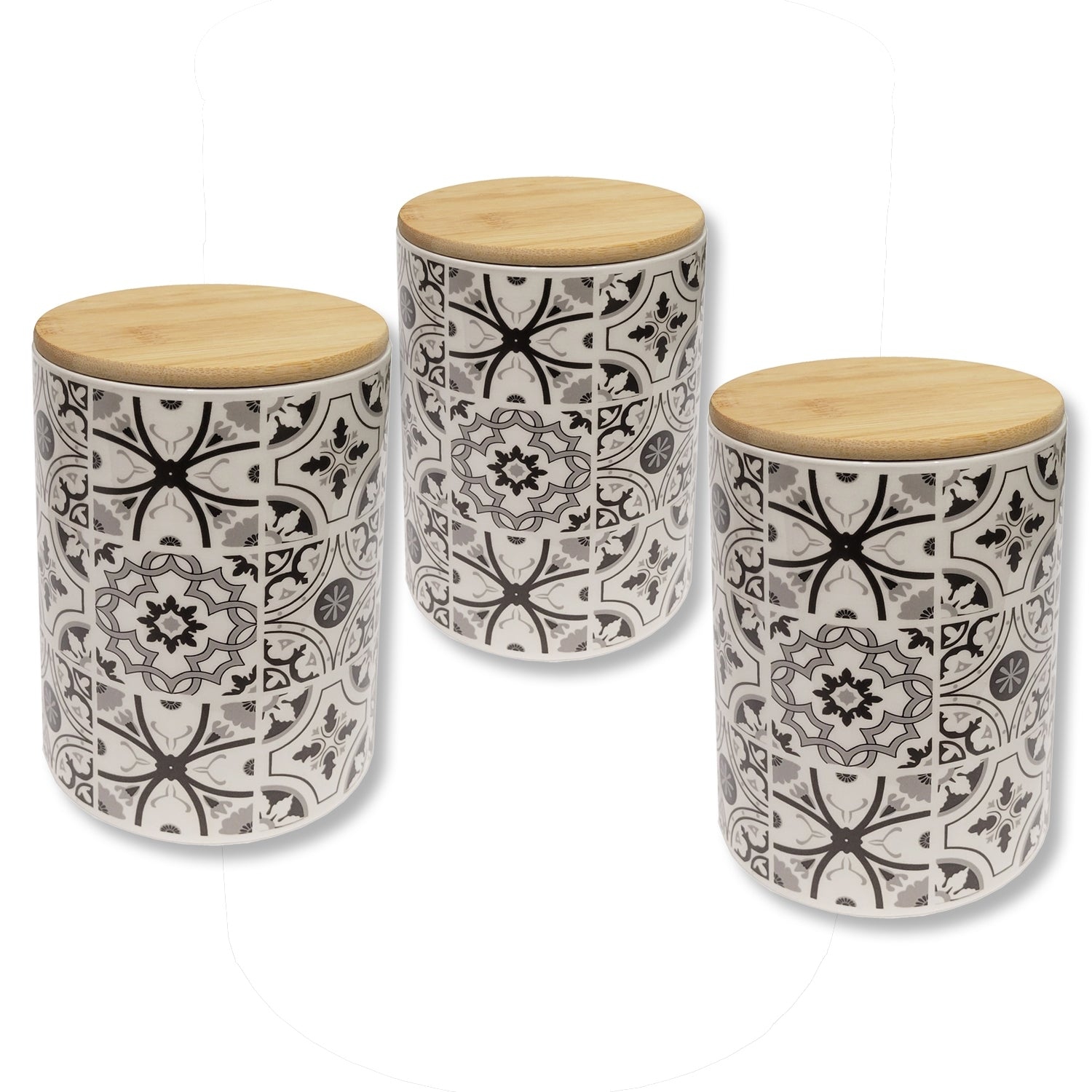 ITY International - Set of 3 Airtight Ceramic Storage Jars with Bamboo Lid, Size Large, White and Black