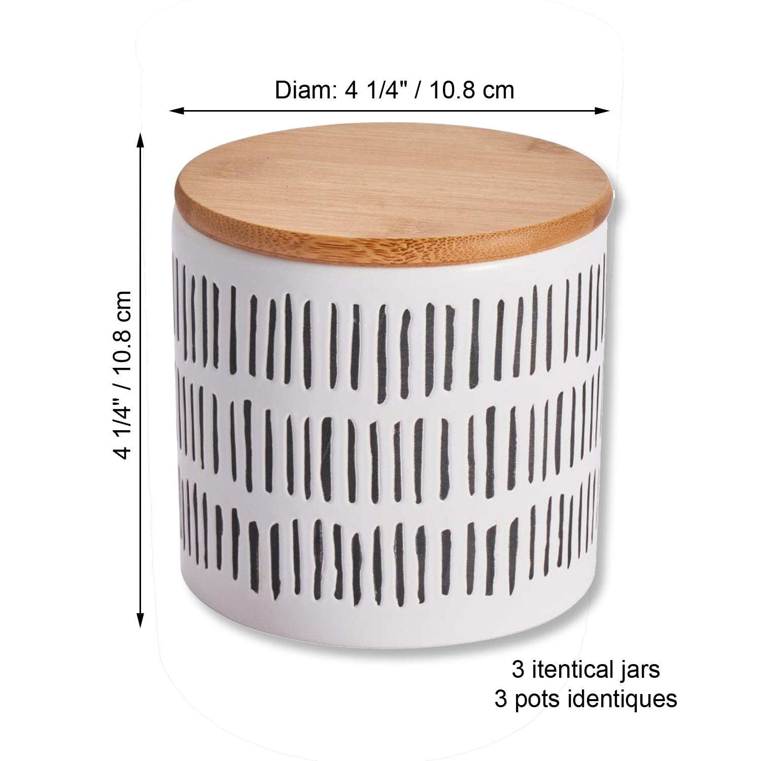ITY International - Set of 3 Airtight Ceramic Storage Jars with Bamboo Lid, Size Small, White and Black