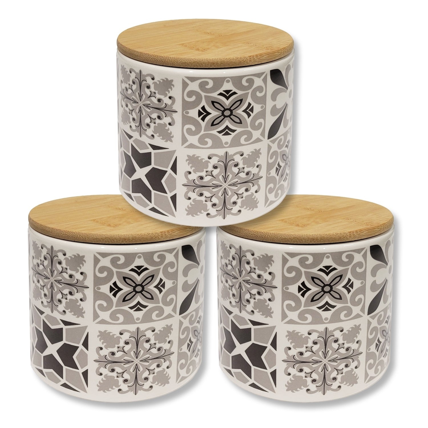 ITY International - Set of 3 Airtight Ceramic Storage Jars with Bamboo Lid, Size Small, White and Black