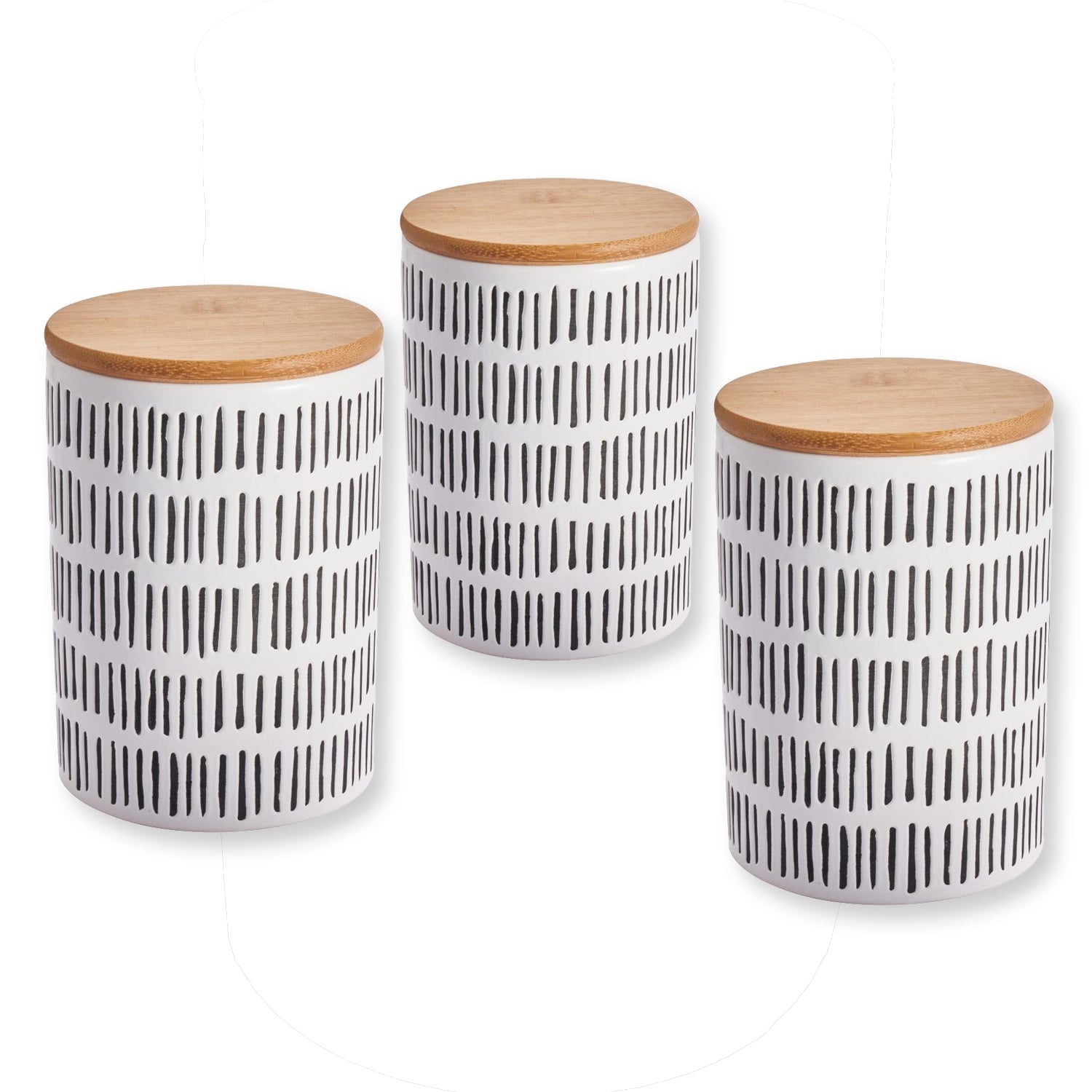 ITY International - Set of 3 Airtight Ceramic Storage Jars with Bamboo Lid, Size Large, White and Black