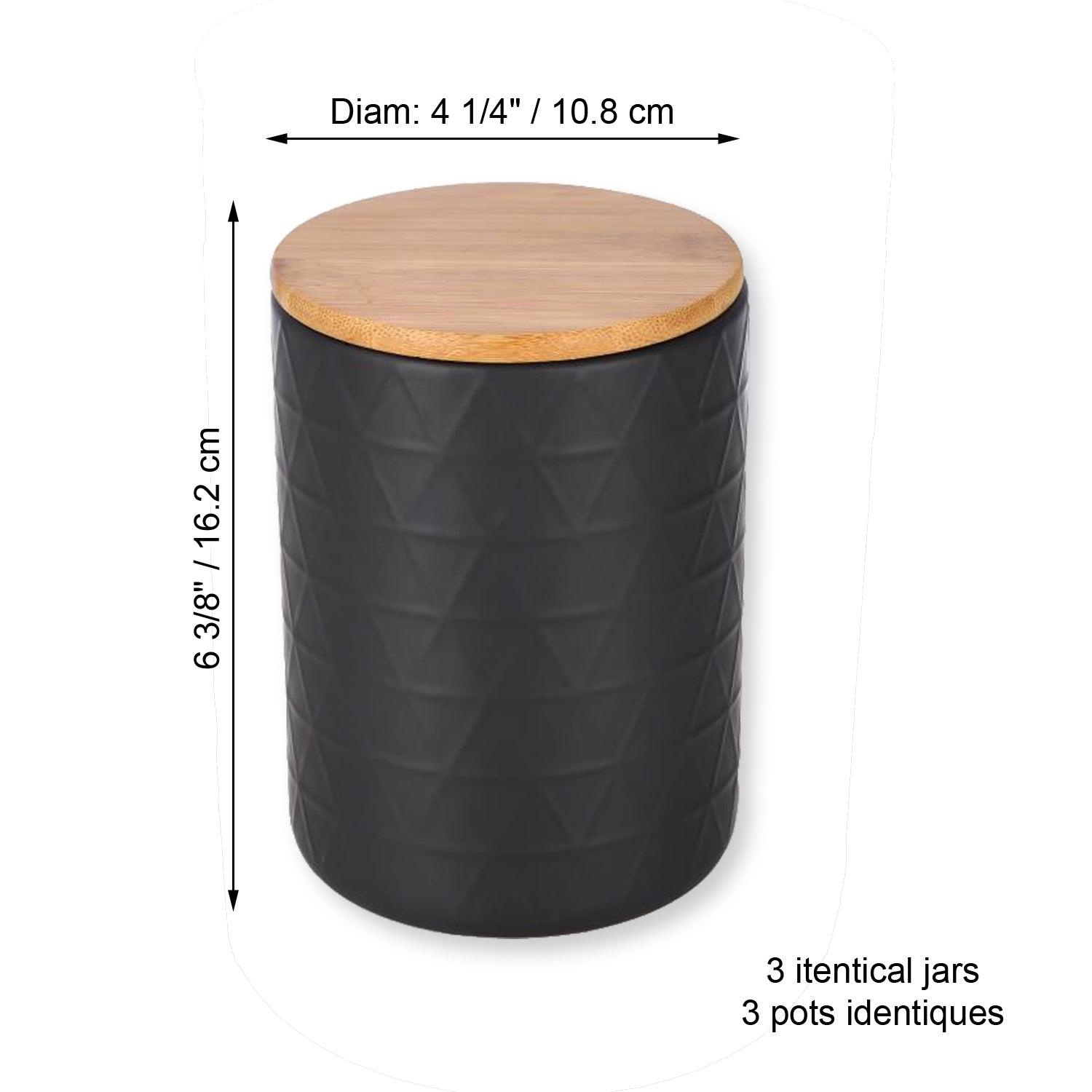 ITY International - Set of 3 Airtight Ceramic Storage Jars with Bamboo Lid, Size Large, Black