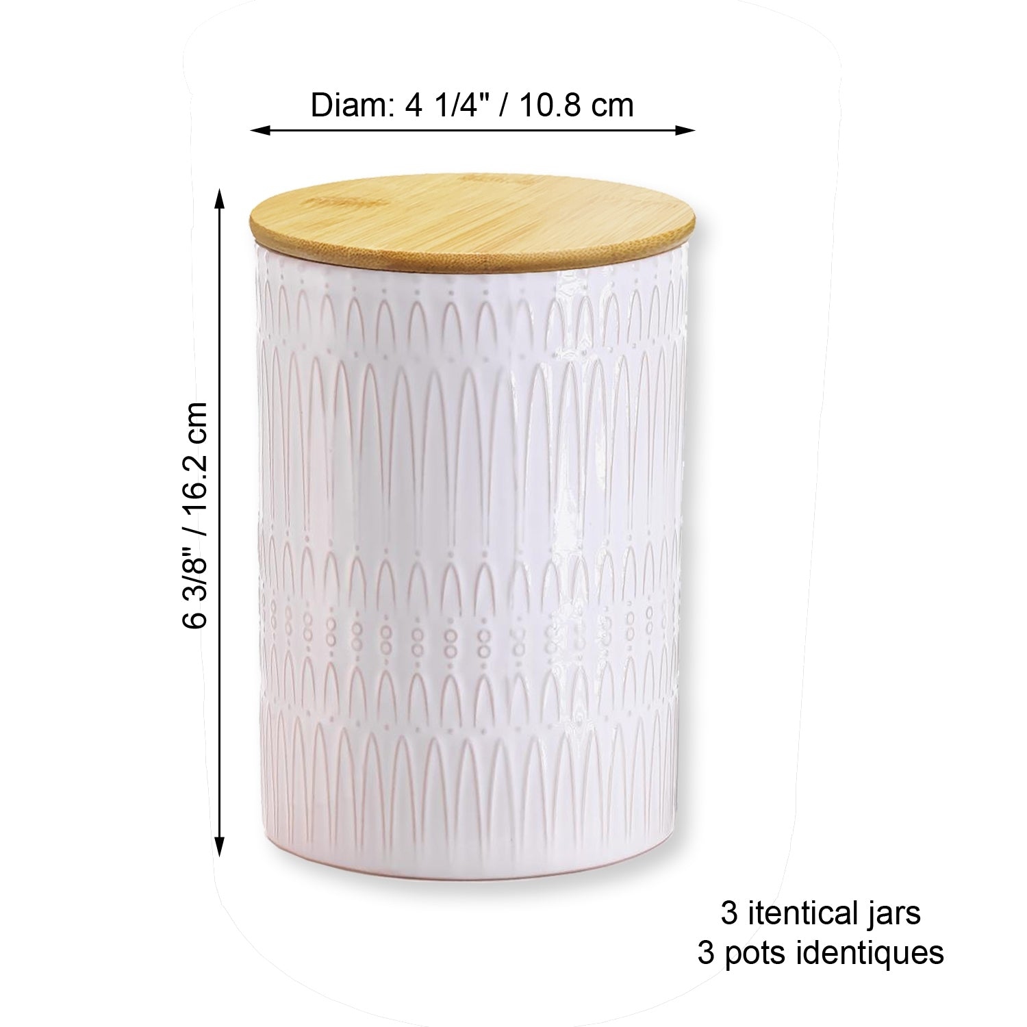 ITY International - Set of 3 Airtight Ceramic Storage Jars with Bamboo Lid, Size Large, White