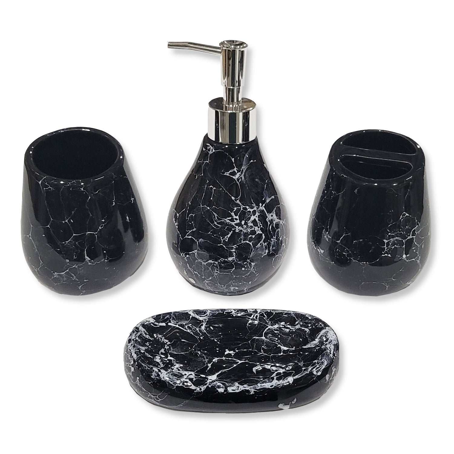 ITY International - Ensemble de 4 Morceaux d'accessoires pour Salle de Bain, Fabriqué en Céramique, Motif Marbre Noir
