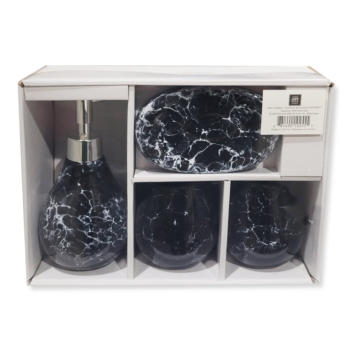 ITY International - Ensemble de 4 Morceaux d'accessoires pour Salle de Bain, Fabriqué en Céramique, Motif Marbre Noir