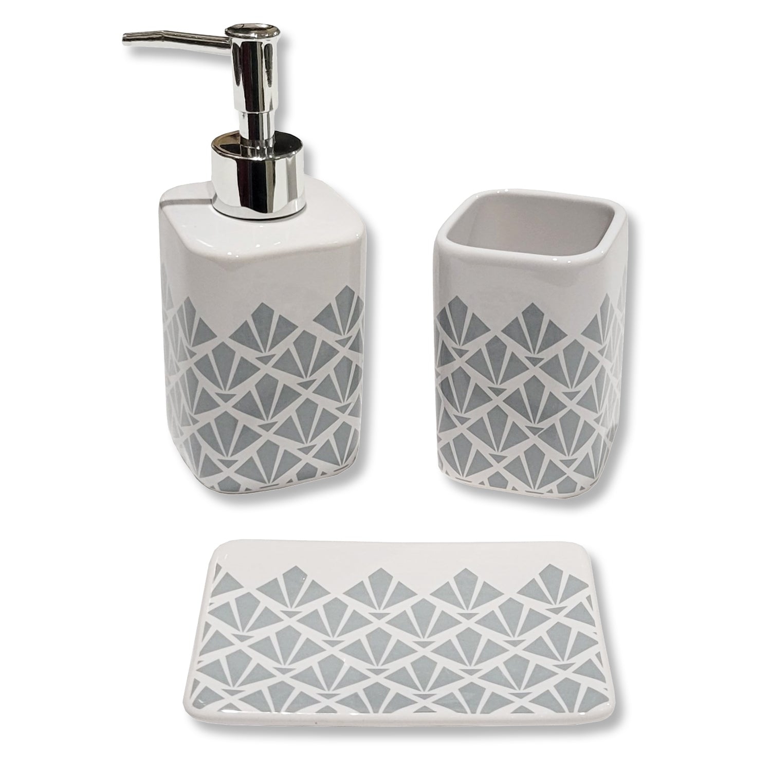 ITY International - Set of 3 Pieces of Bathroom Accessories, Made of Ceramic, White and Grey