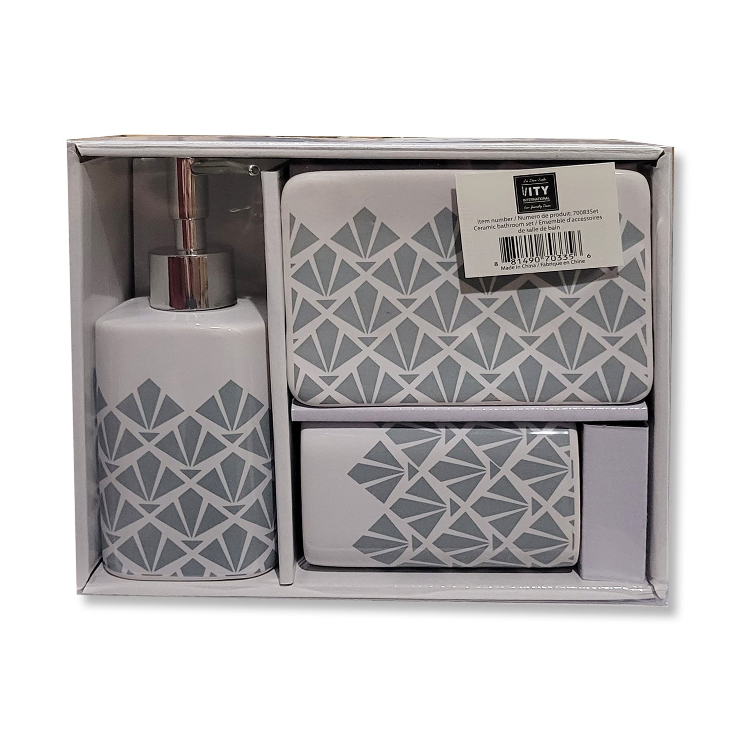 ITY International - Set of 3 Pieces of Bathroom Accessories, Made of Ceramic, White and Grey