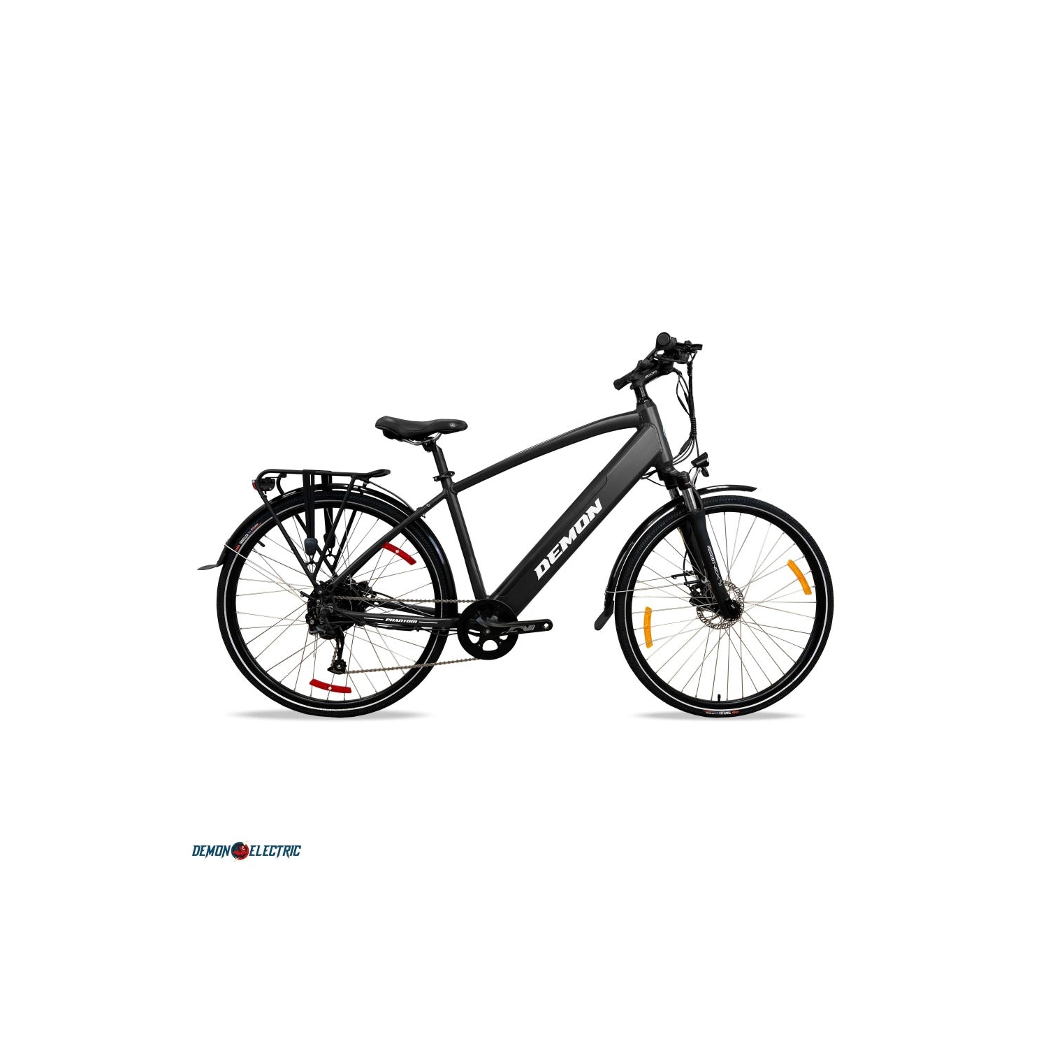 Demon Electric Phantom 350W 27.5-in Touring Commuter Electric Bike, 60-70km Battery Range (14.5Ah), TEKTRO Hydraulic Brakes, SHIMANO 9 Speed Gear, Cargo Rack - Matte Black