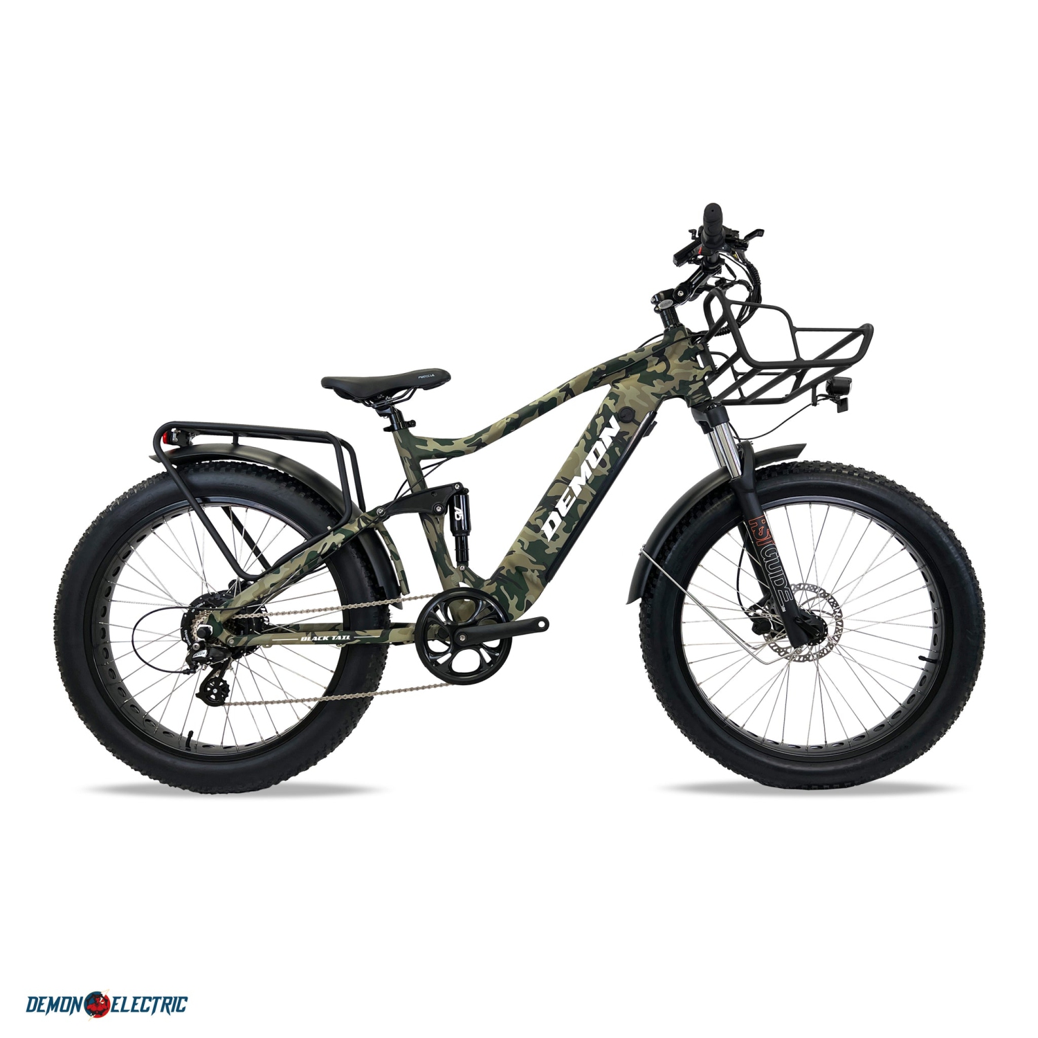 Demon Electric Blacktail 750W 26-in Fat-Tire Hunting Electric Bike, 50-60km Battery Range (16.75Ah), Full Suspension, Hydraulic Brakes, Front Rack, SHIMANO 7 Speed Gear - Camo