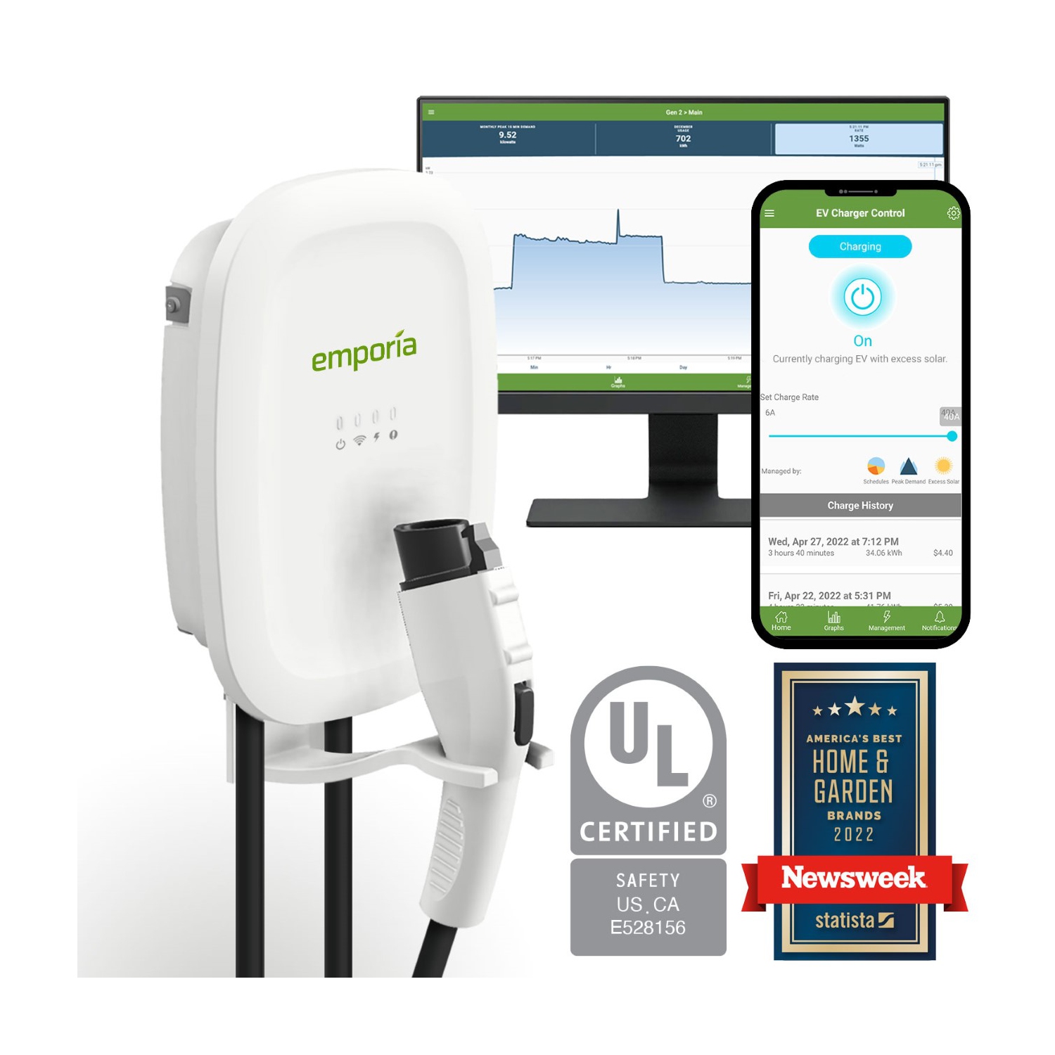 Emporia Energy 2 Chargeur EV, Câble de 24 pieds, Wi-Fi