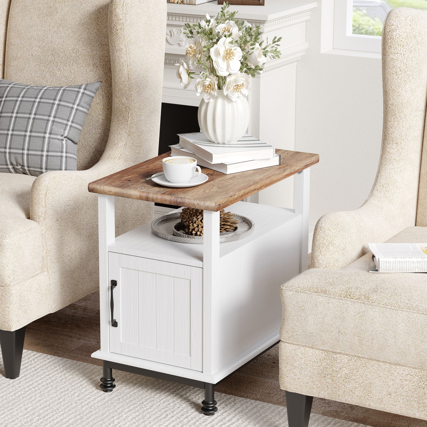 Table de chevet champêtre WAMPAT, table d’appoint en bois de qualité supérieure avec rangement ouvert, armoire et tablette arrière pour salon et