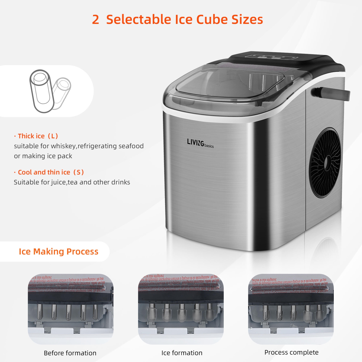 Machine à glaçons portable avec réservoir d'eau de 1,2 L, machine à glaçons de comptoir en acier inoxydable 26 lb/24 h avec pelle à glace et panier