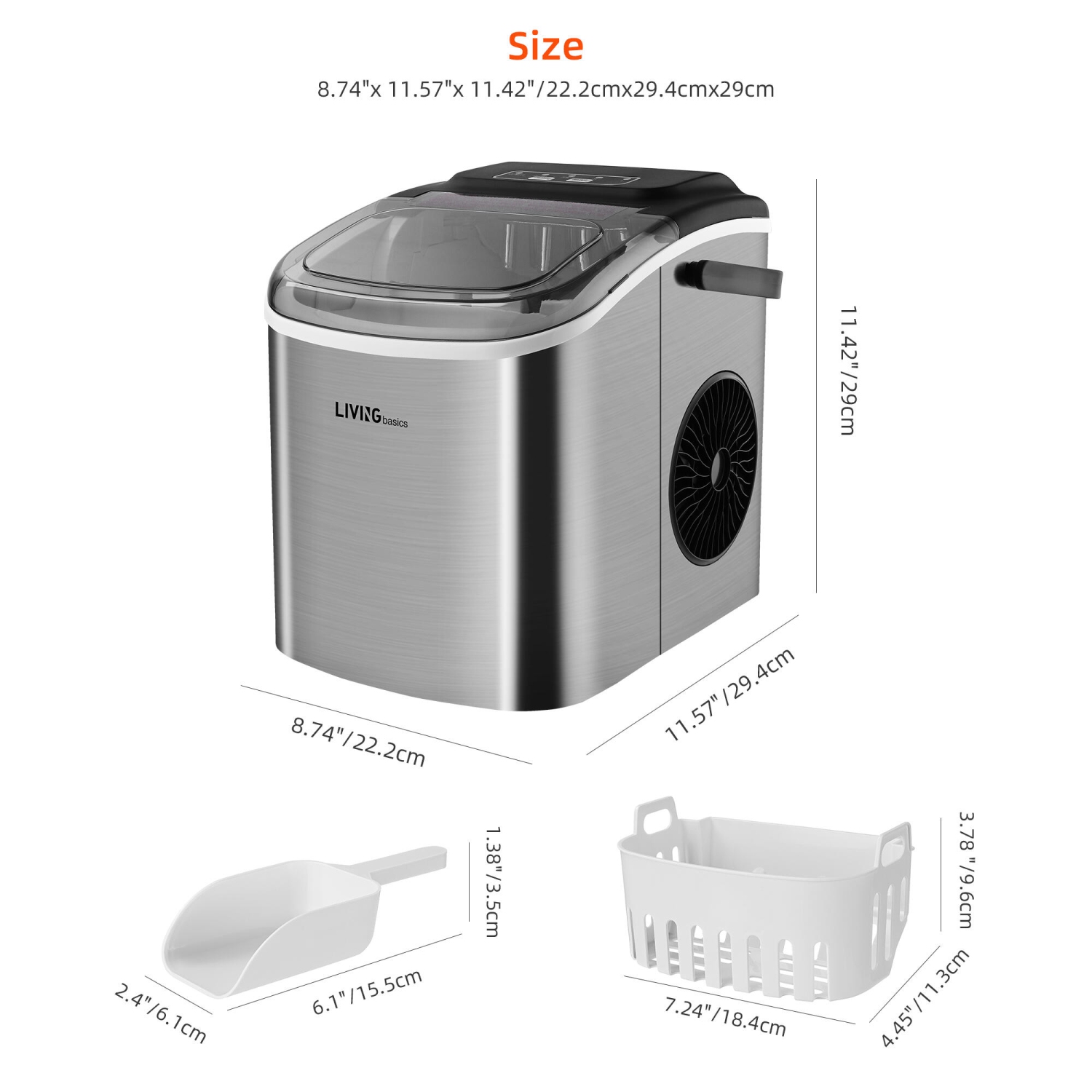 Machine à glaçons portable avec réservoir d'eau de 1,2 L, machine à glaçons de comptoir en acier inoxydable 26 lb/24 h avec pelle à glace et panier