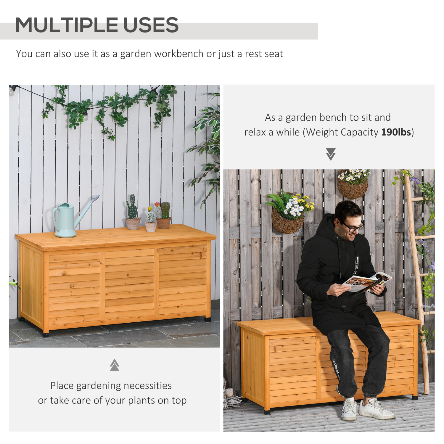 Outsunny 75 – Banc de rangement en bois pour terrasse, bac de rangement extérieur jardin avec écart pour l'aération et fini de lutte contre les
