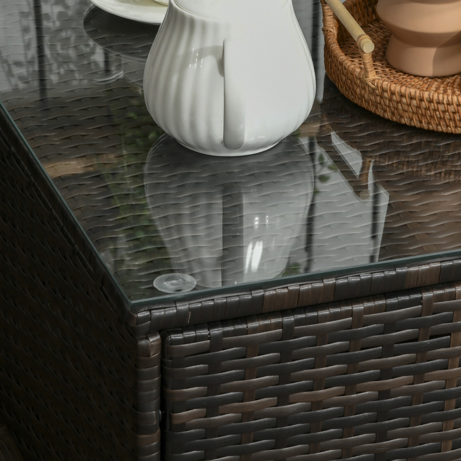 Outsunny 3 Pieces Patio Furniture Set with Cushions, Outdoor PE Rattan Wicker Conversation Corner Sofa Set with Glass Top Table and Adjustable Foot