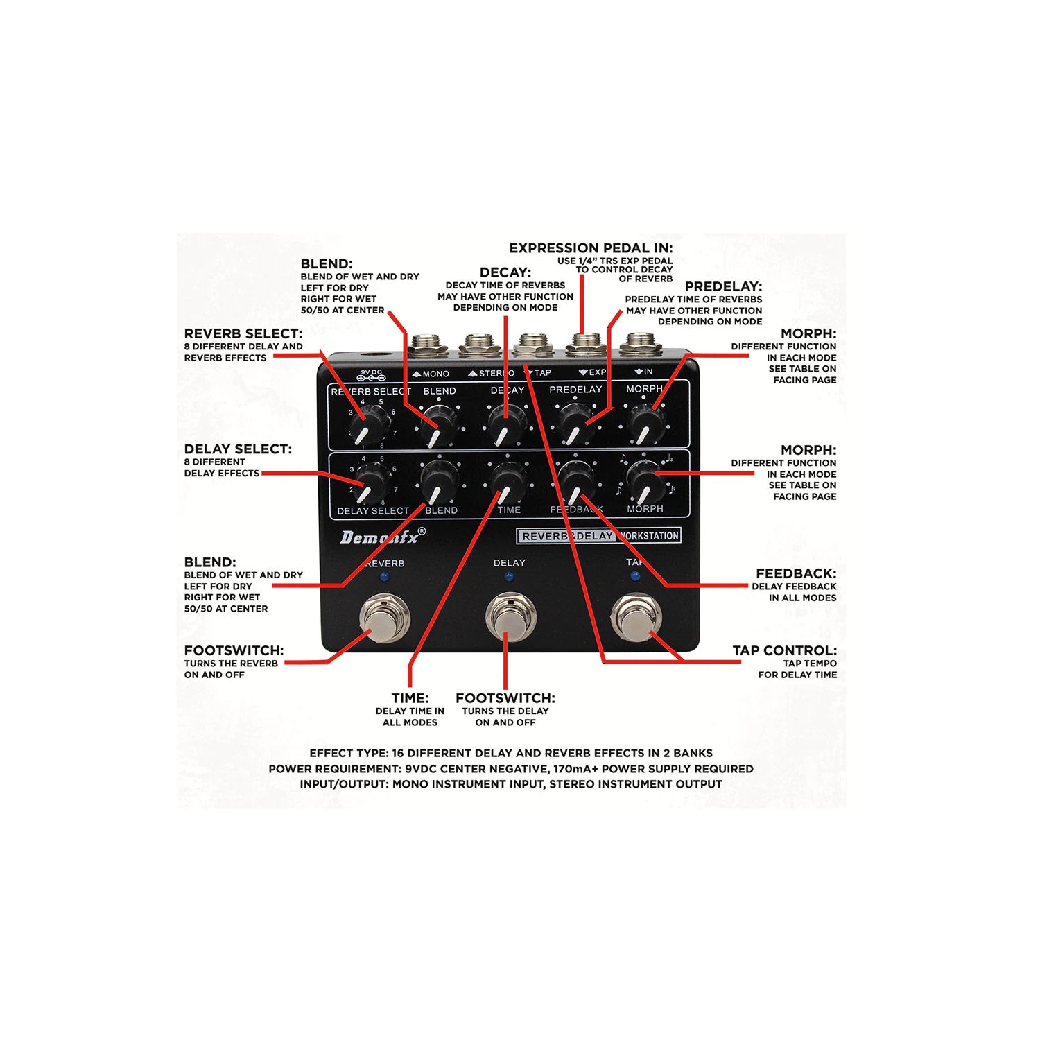 Demonfx RDW Reverb Delay Workstation Guitar Effect Pedal Multi Effects