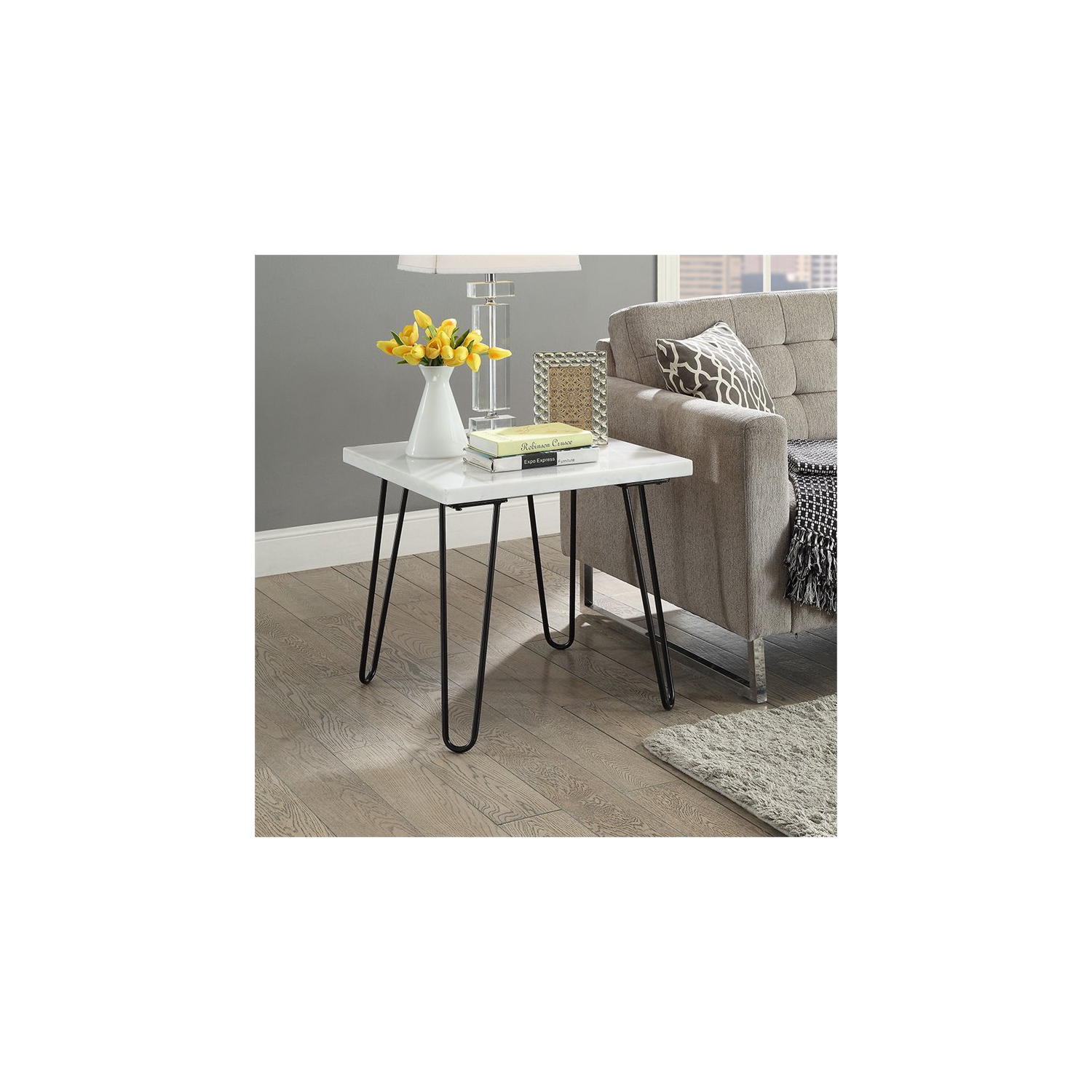 ACME Telestis 22" Square Marble Top End Table in White and Black