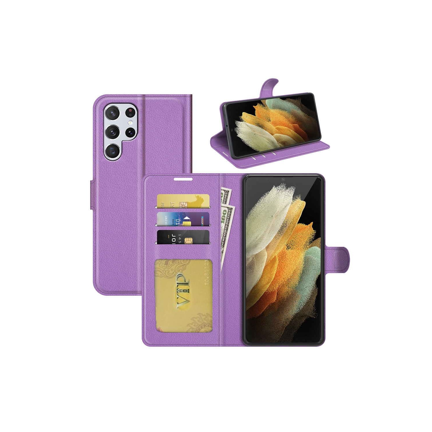 [CS] Samsung Galaxy S23 Ultra Case, Magnetic Leather Folio Wallet Flip Case Cover with Card Slot, Purple
