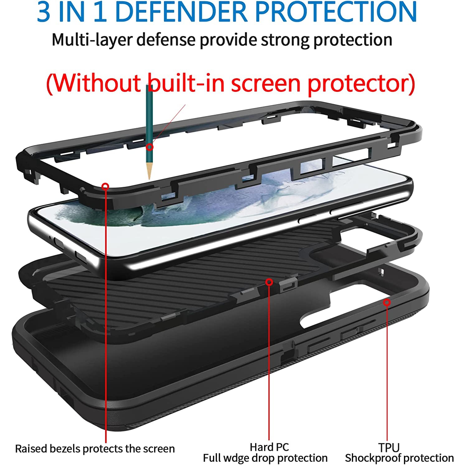 【CSmart】 Étui Coque rigide triple 3 couches antichoc Heavy Duty Defender pour Samsung Galaxy S23 Plus, Noir