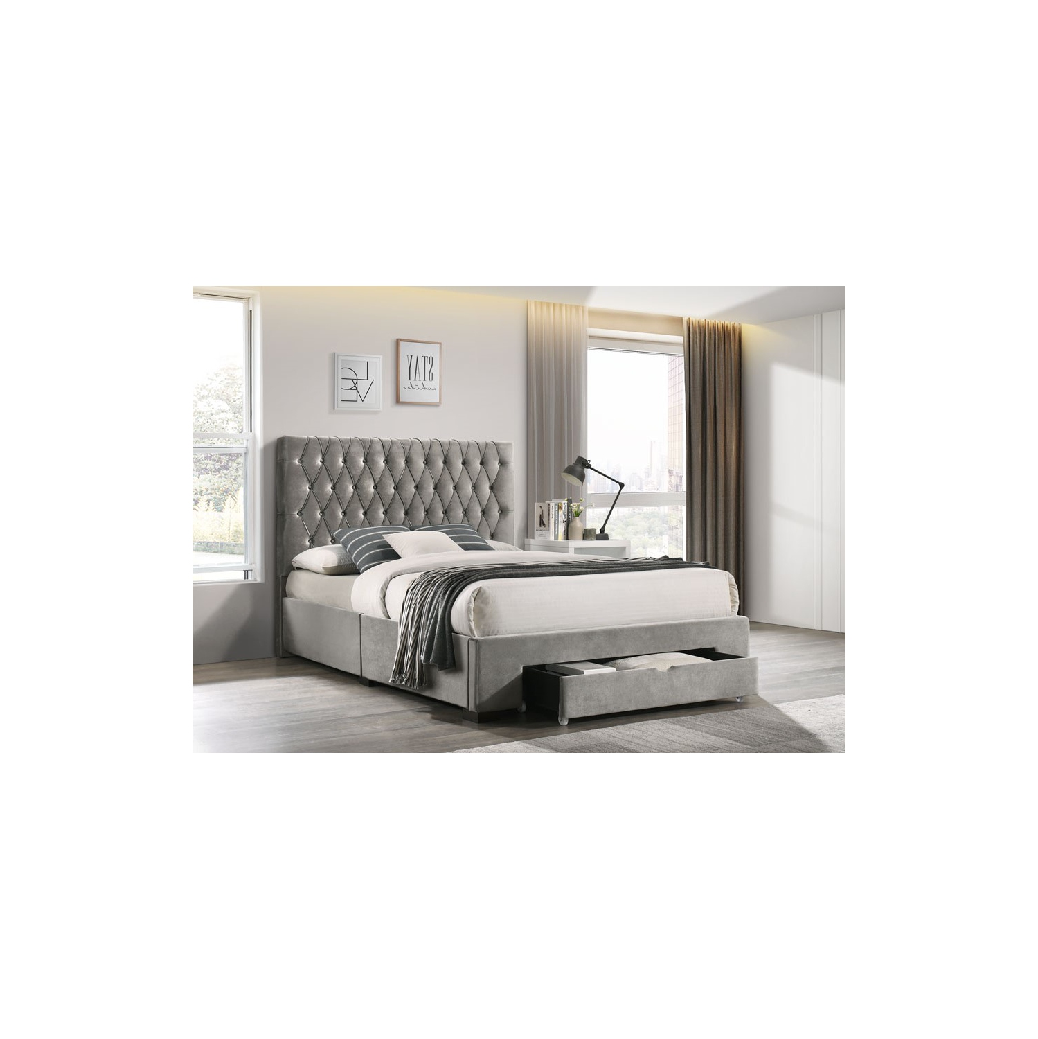 Aerys Susie Storage Platform Bed(Dark Gray Velvet) (U.S. Standard))