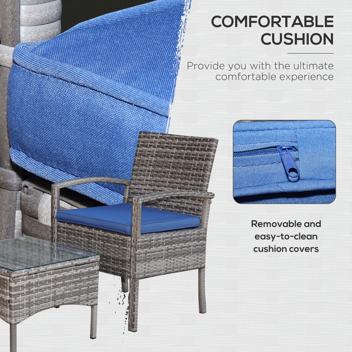 Ensemble de meubles de patio en osier de 3 pièces Outsunny, ensemble bistro en rotin avec table basse et coussins, ensemble de détente extérieur pour