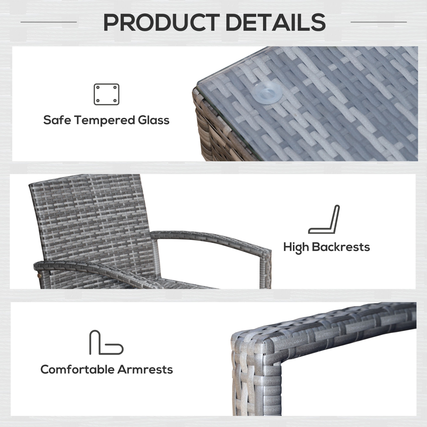 Ensemble de meubles de patio en osier de 3 pièces Outsunny, ensemble bistro en rotin avec table basse et coussins, ensemble de détente extérieur pour