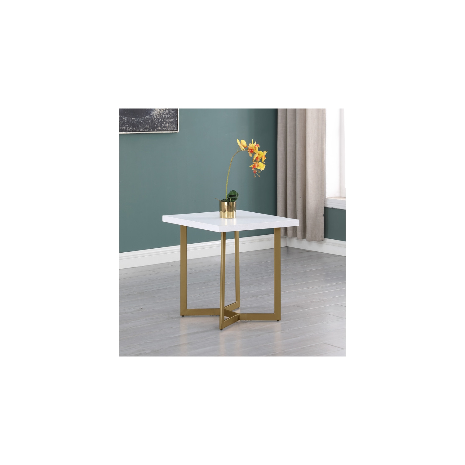 White Wood Sofa End Table with Gold Painted Legs