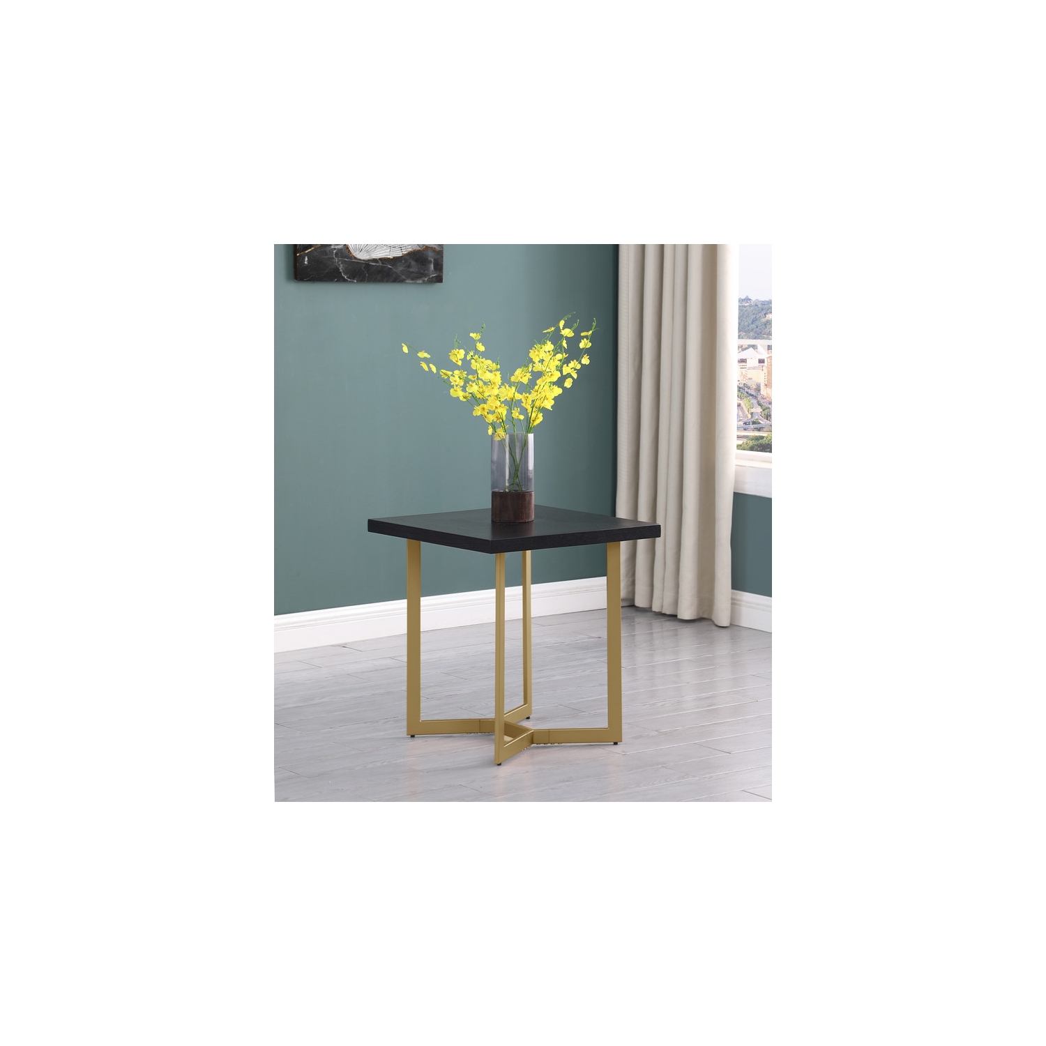 Black Wood Sofa End Table with Gold Painted Legs