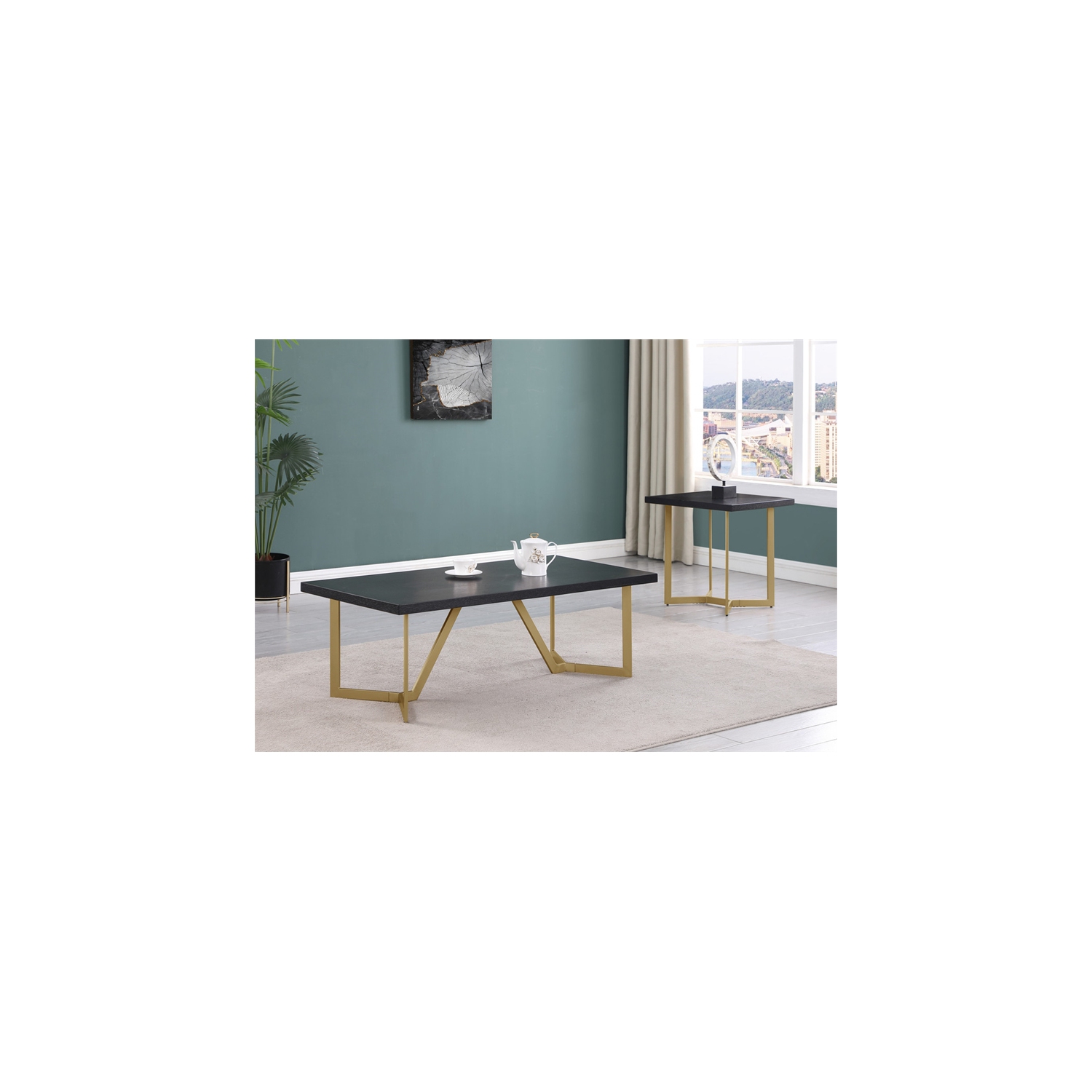 2pc Black Wood Coffee Table Set with Gold Painted Legs