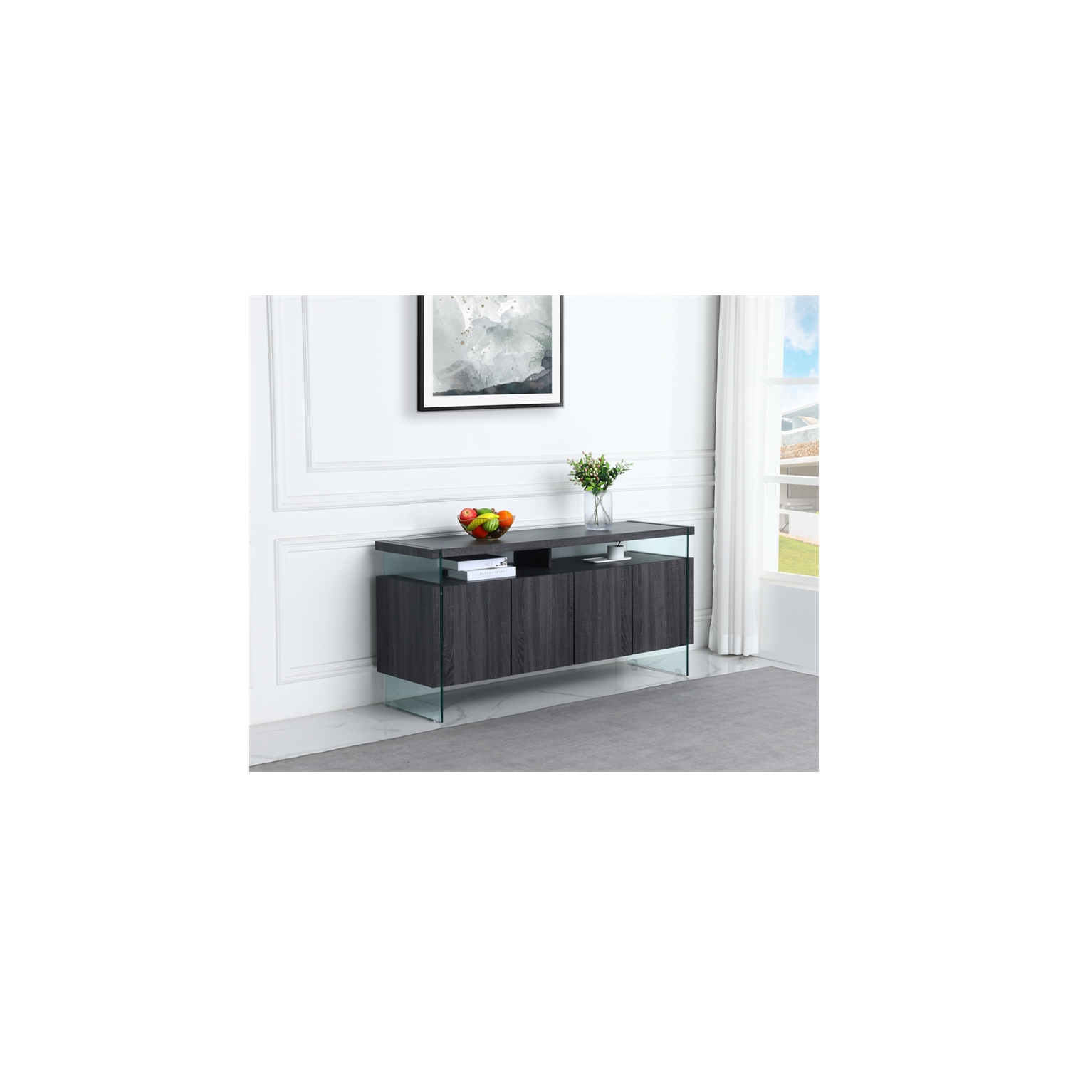 Walnut Wood 4 Door Server with Internal Storage and Glass Legs