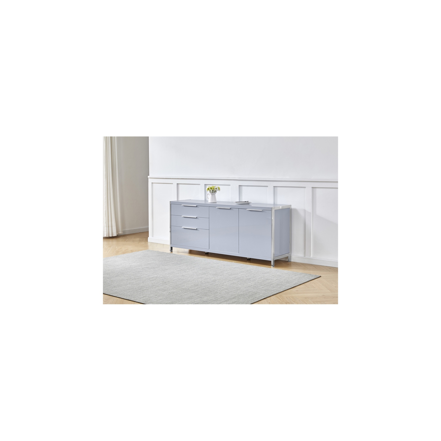 Glossy Light Gray Storage Cabinet with 5 Compartments and Stainless Steel