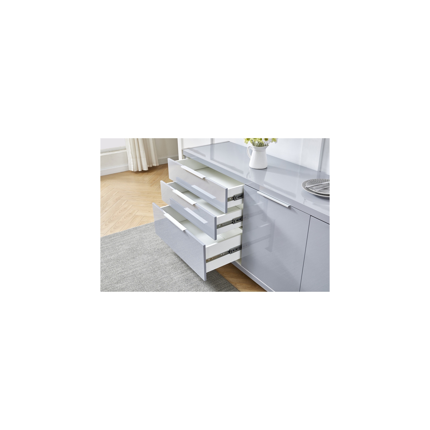 Glossy Light Gray Storage Cabinet with 5 Compartments and Stainless Steel