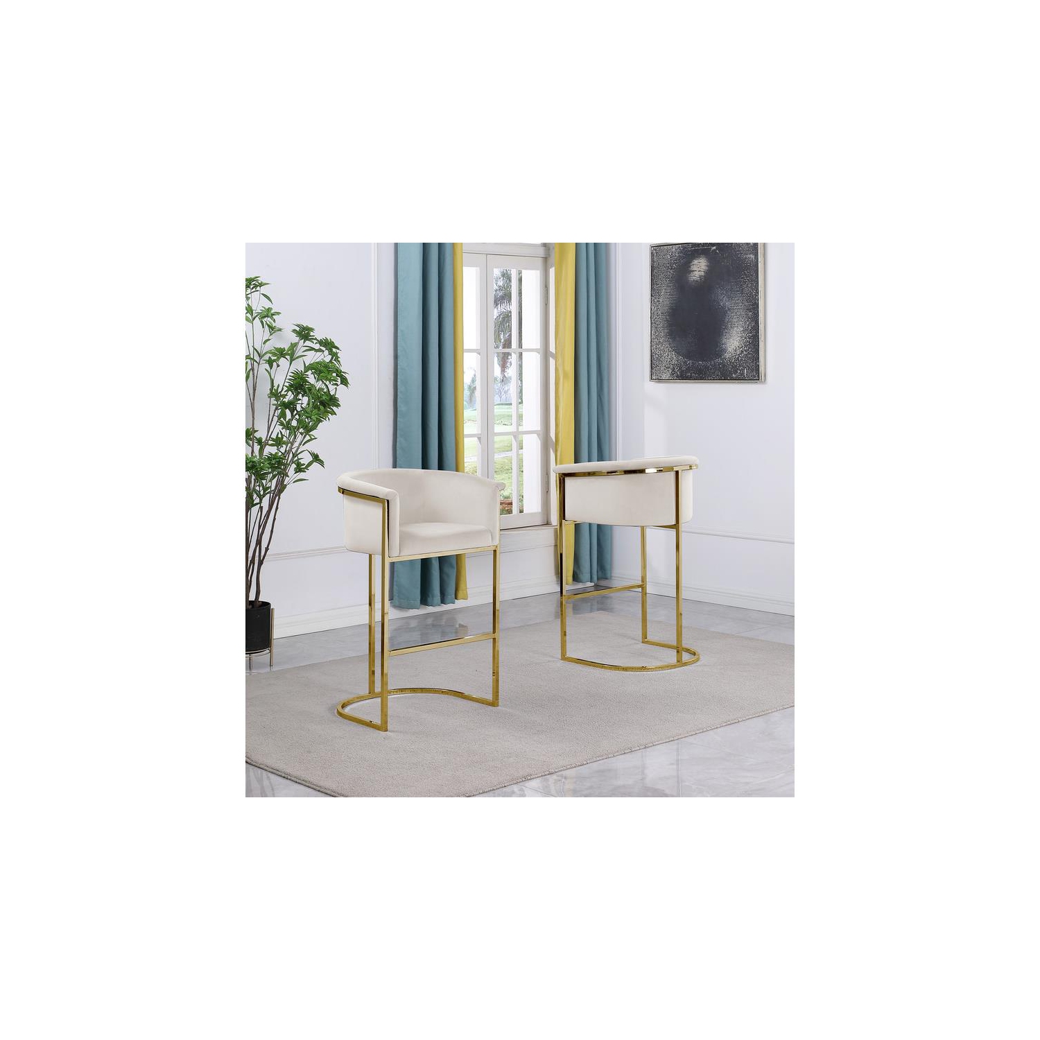Cream Velvet Barstool Chair with Gold Metal Chrome Base
