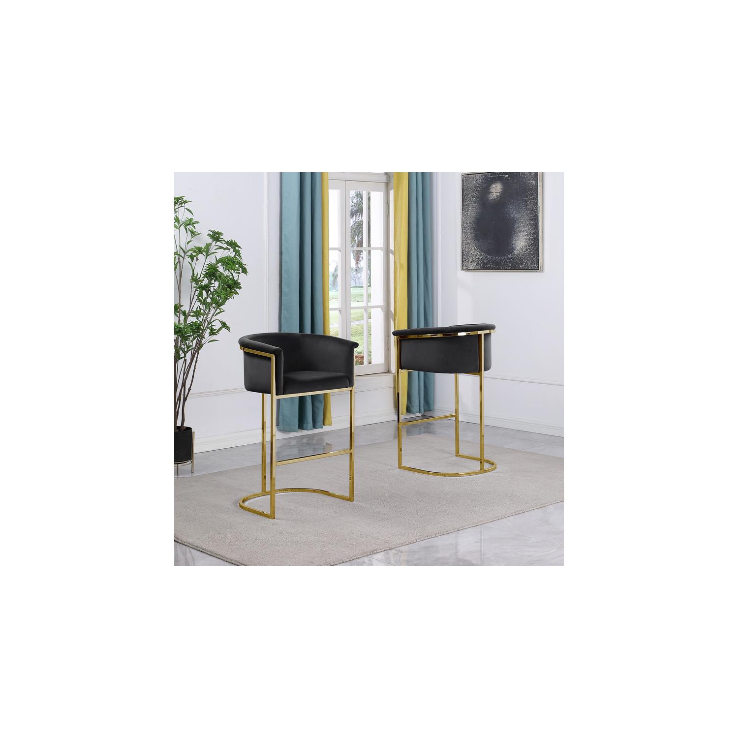 Black Velvet Barstool Chair with Gold Metal Chrome Base