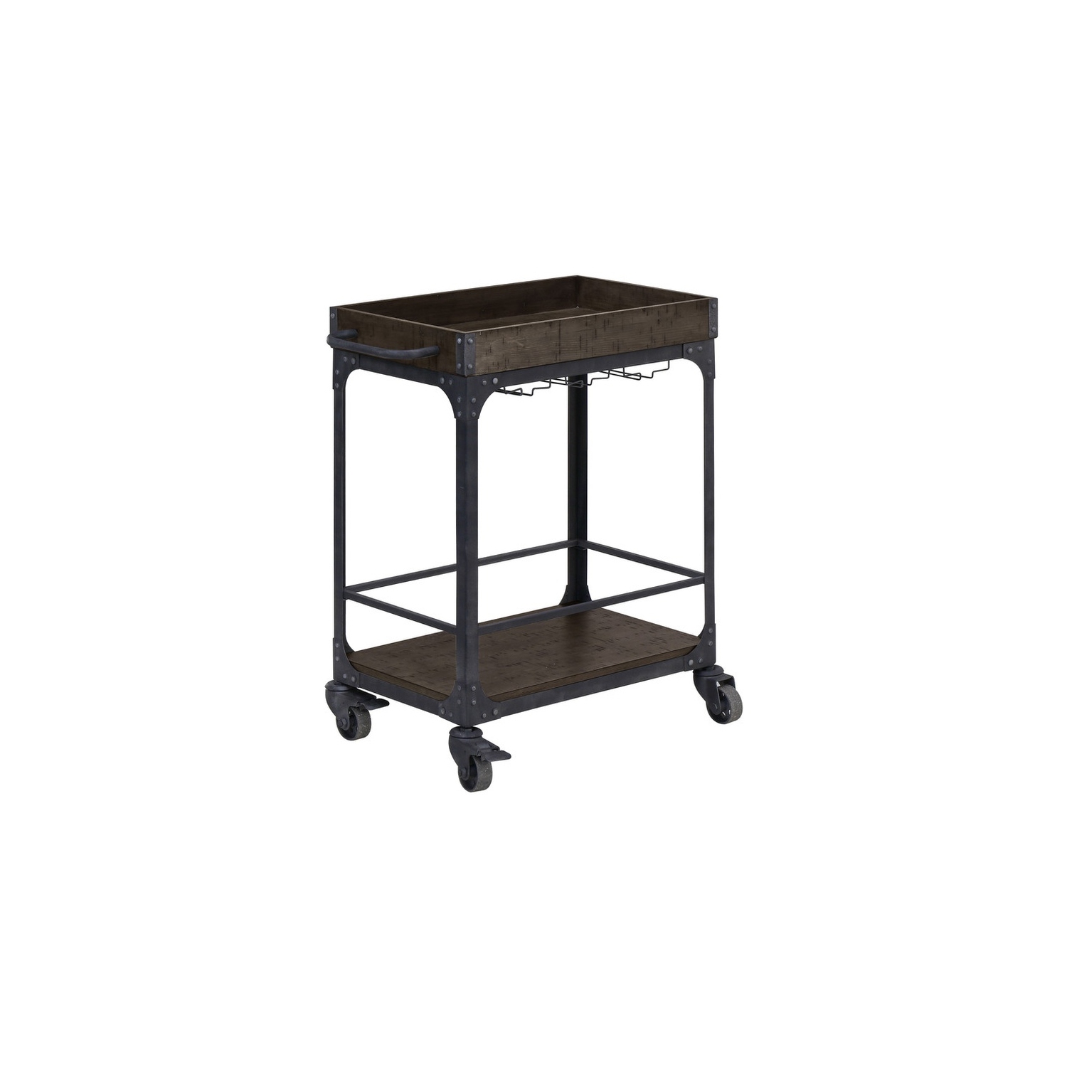 Rustic Light Brown Wood Bar Cart with Metal Frame and Wheel Locks
