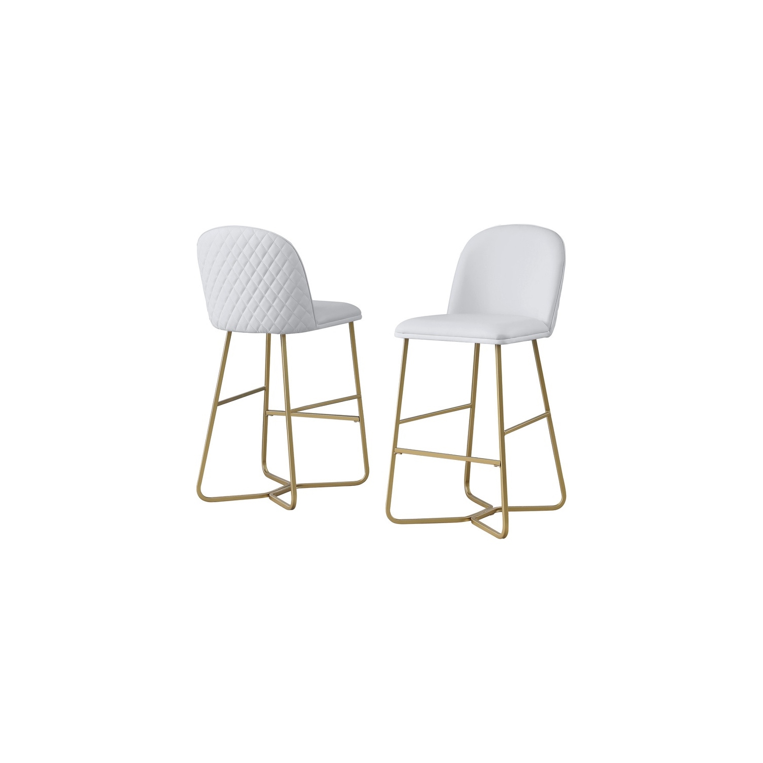 Quilted Back Barstools 29" Set of 2 in White Faux Leather and Gold Base